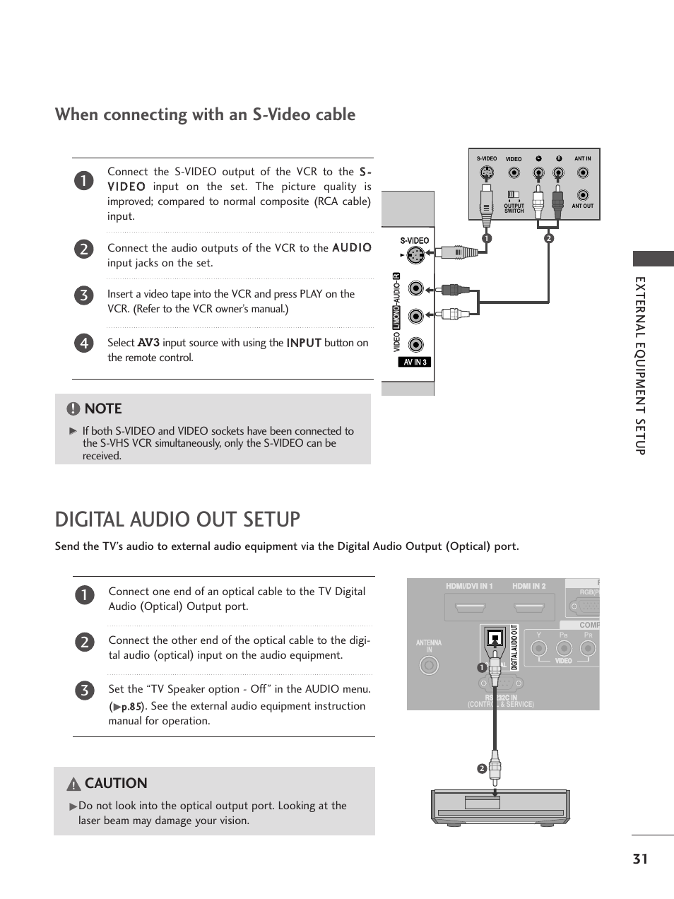 Digital audio out setup, When connecting with an s-video cable, Caution | External eq uipment setup | LG 26LC5 User Manual | Page 33 / 120