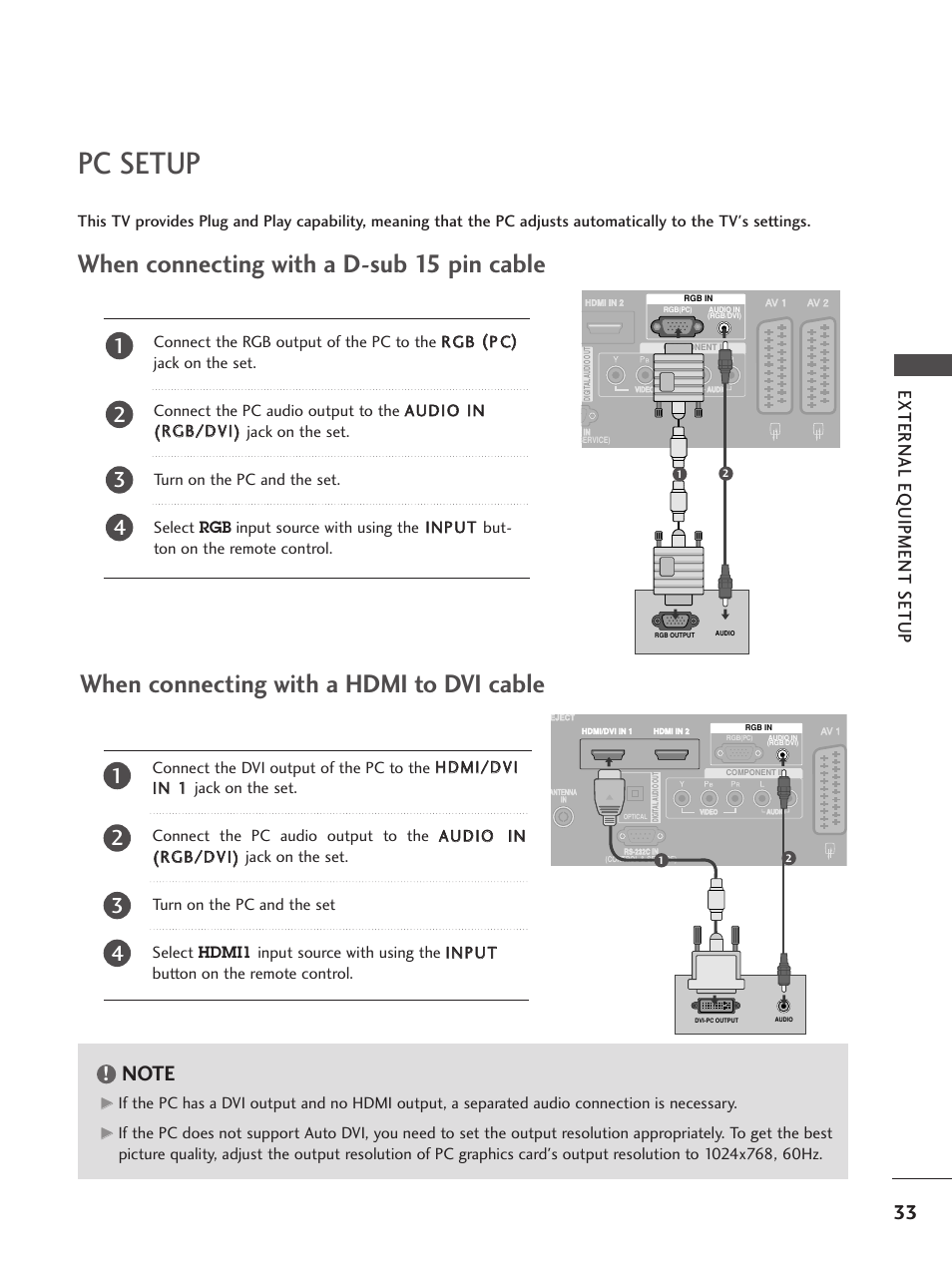 Pc setup, When connecting with a d-sub 15 pin cable, When connecting with a hdmi to dvi cable | External eq uipment setup | LG 26LC5 User Manual | Page 35 / 120