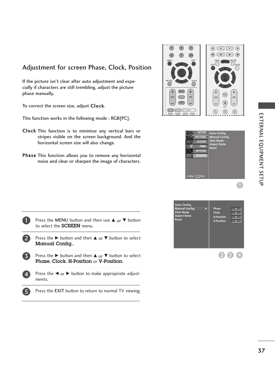 Adjustment for screen phase, clock, position, External eq uipment setup 3 4 2, Button to select the screen menu. press the | Button and then, Button to select manual config. . press the | LG 26LC5 User Manual | Page 39 / 120