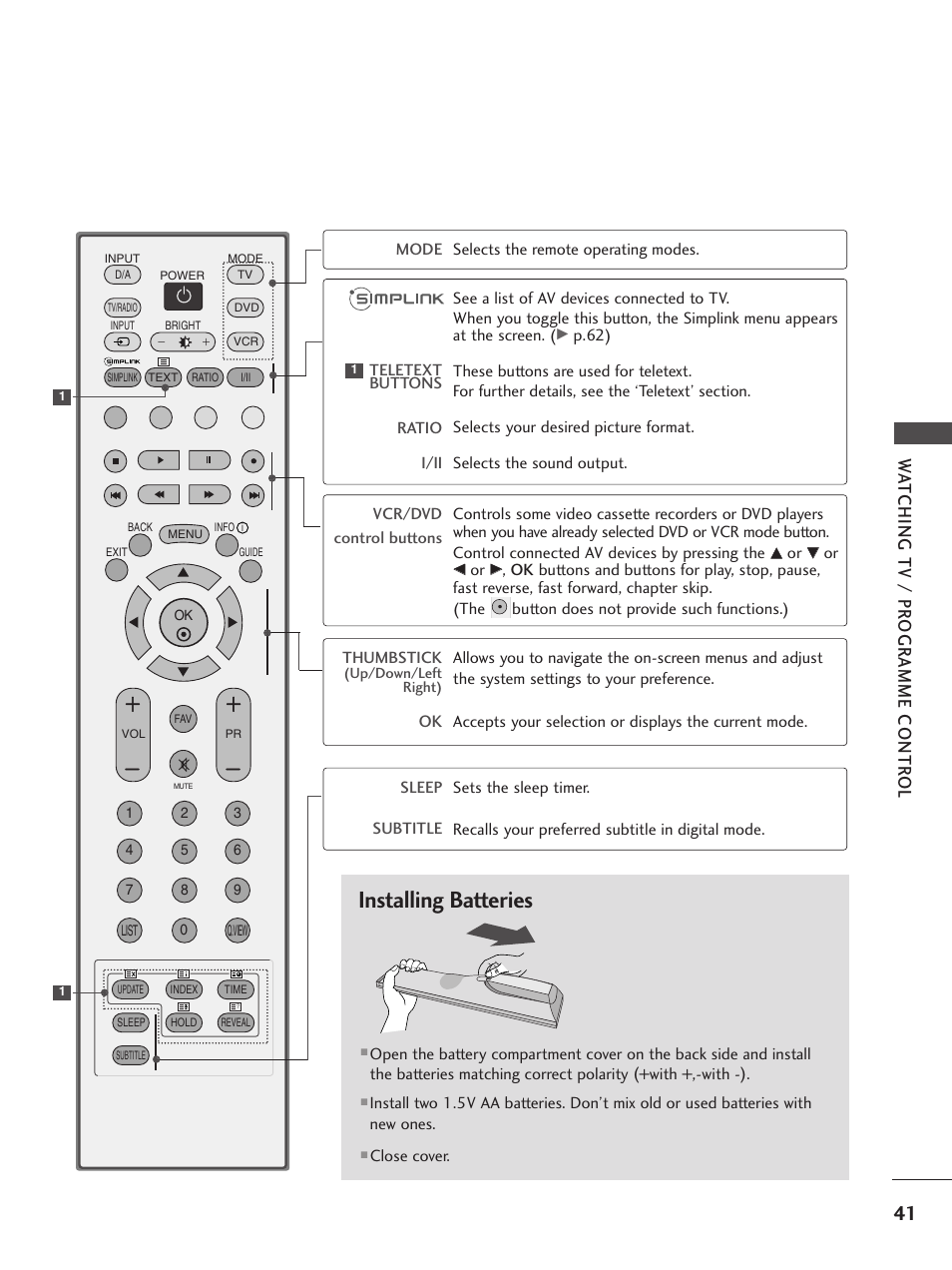 Installing batteries, Wa tching tv / pr ogr amme contr ol | LG 26LC5 User Manual | Page 43 / 120