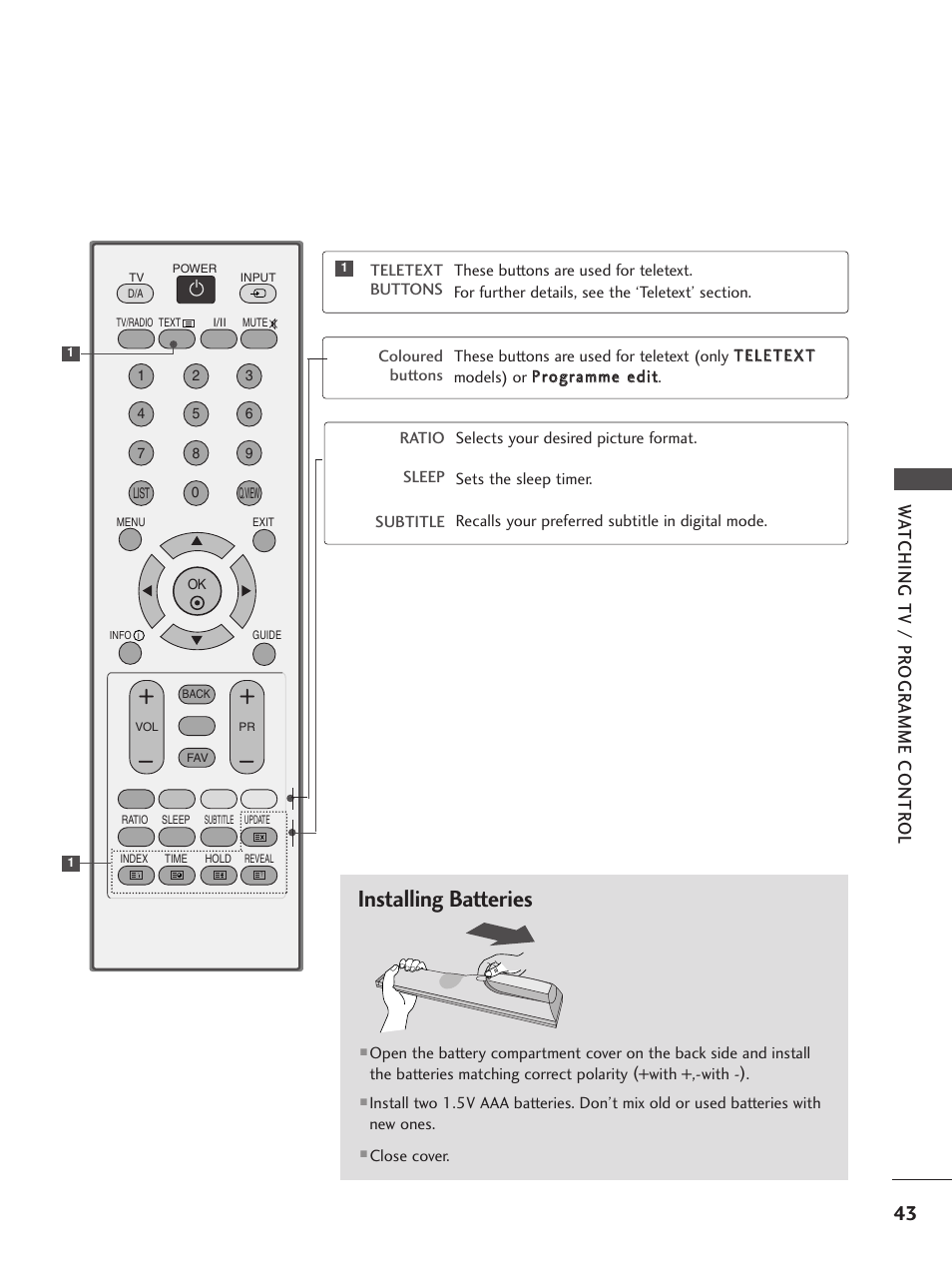 Installing batteries, Wa tching tv / pr ogr amme contr ol | LG 26LC5 User Manual | Page 45 / 120
