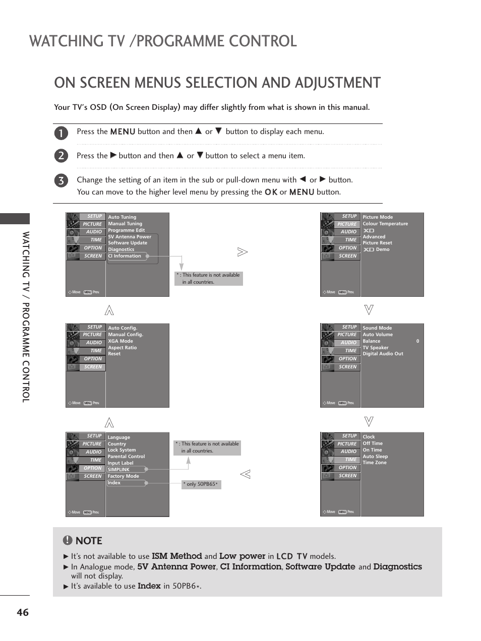 On screen menus selection and adjustment, Watching tv /programme control, Wa tching tv / pr ogr amme contr ol | Button to display each menu. press the, Button and then, It’s available to use index in 50pb6 | LG 26LC5 User Manual | Page 48 / 120