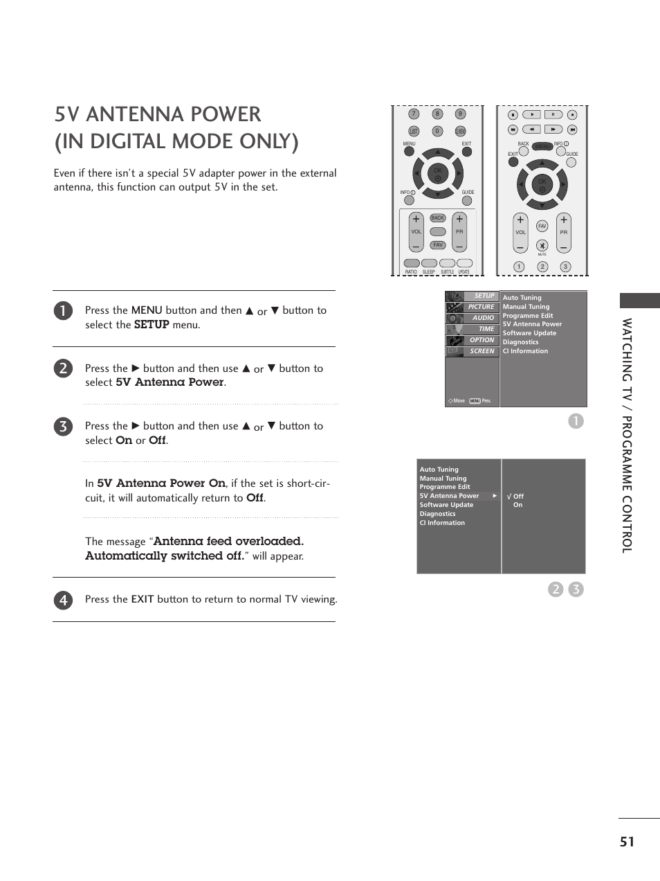 5v antenna power(in digital mode only), 5v antenna power (in digital mode only), Wa tching tv / pr ogr amme contr ol | Button to select the setup menu. press the, Button and then use, Button to select, Press the | LG 26LC5 User Manual | Page 53 / 120
