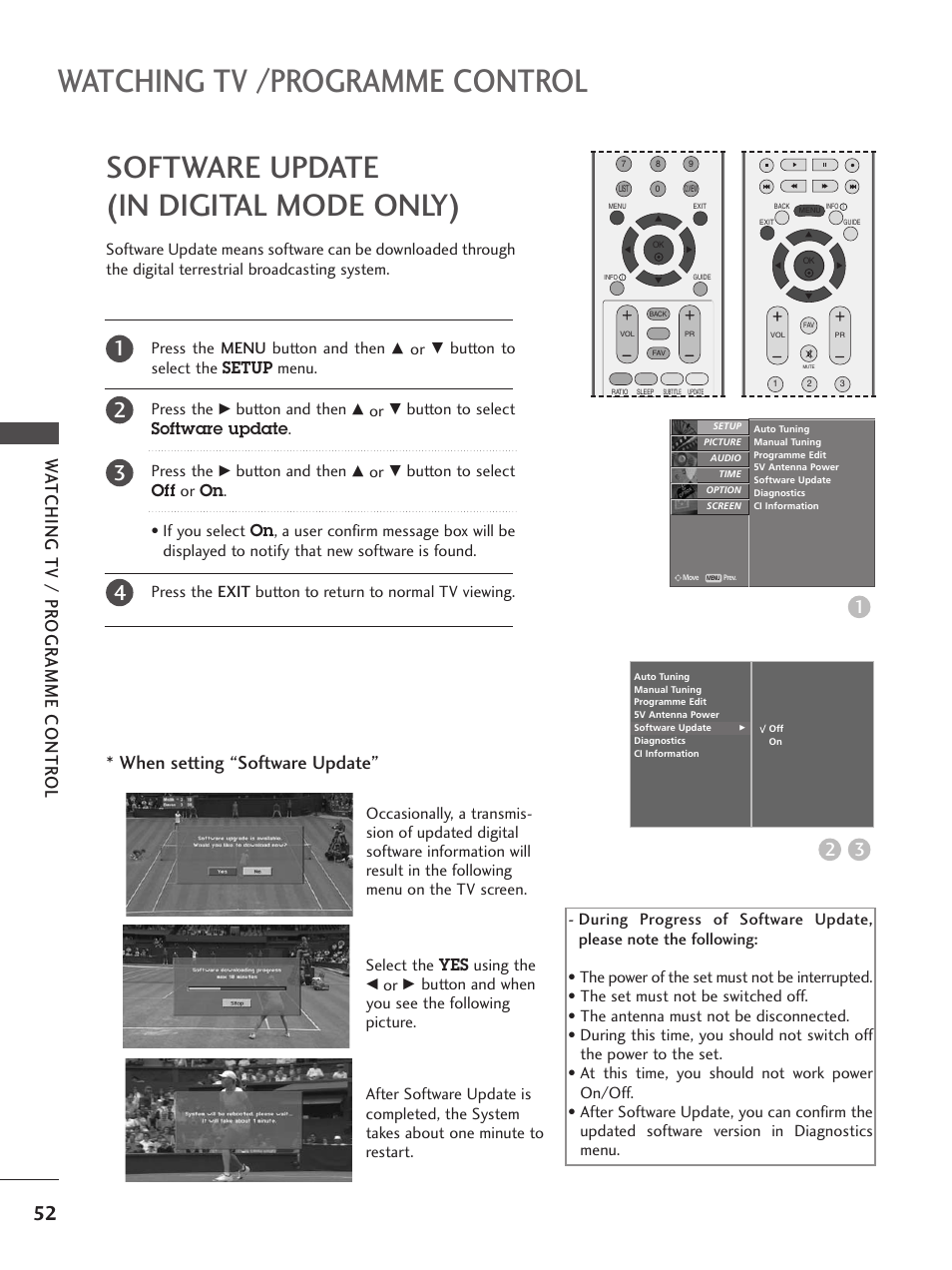 Software update(in digital mode only), Watching tv /programme control, Software update (in digital mode only) | Wa tching tv / pr ogr amme contr ol, When setting “software update | LG 26LC5 User Manual | Page 54 / 120