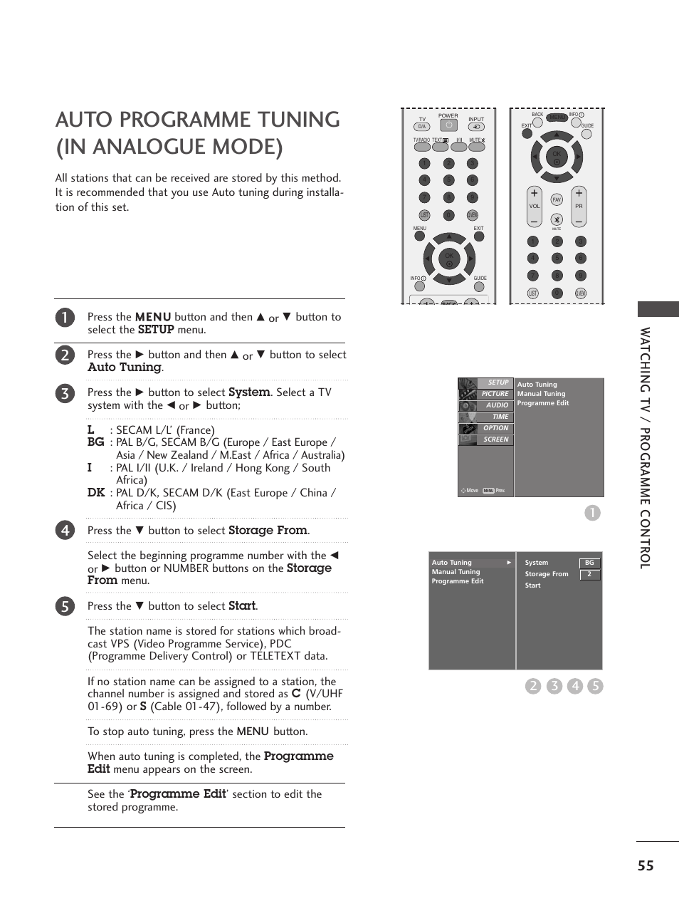 Auto programme tuning(in analogue mode), Auto programme tuning (in analogue mode), Button to select the setup menu. press the | Button and then, Button to select auto tuning . press the | LG 26LC5 User Manual | Page 57 / 120