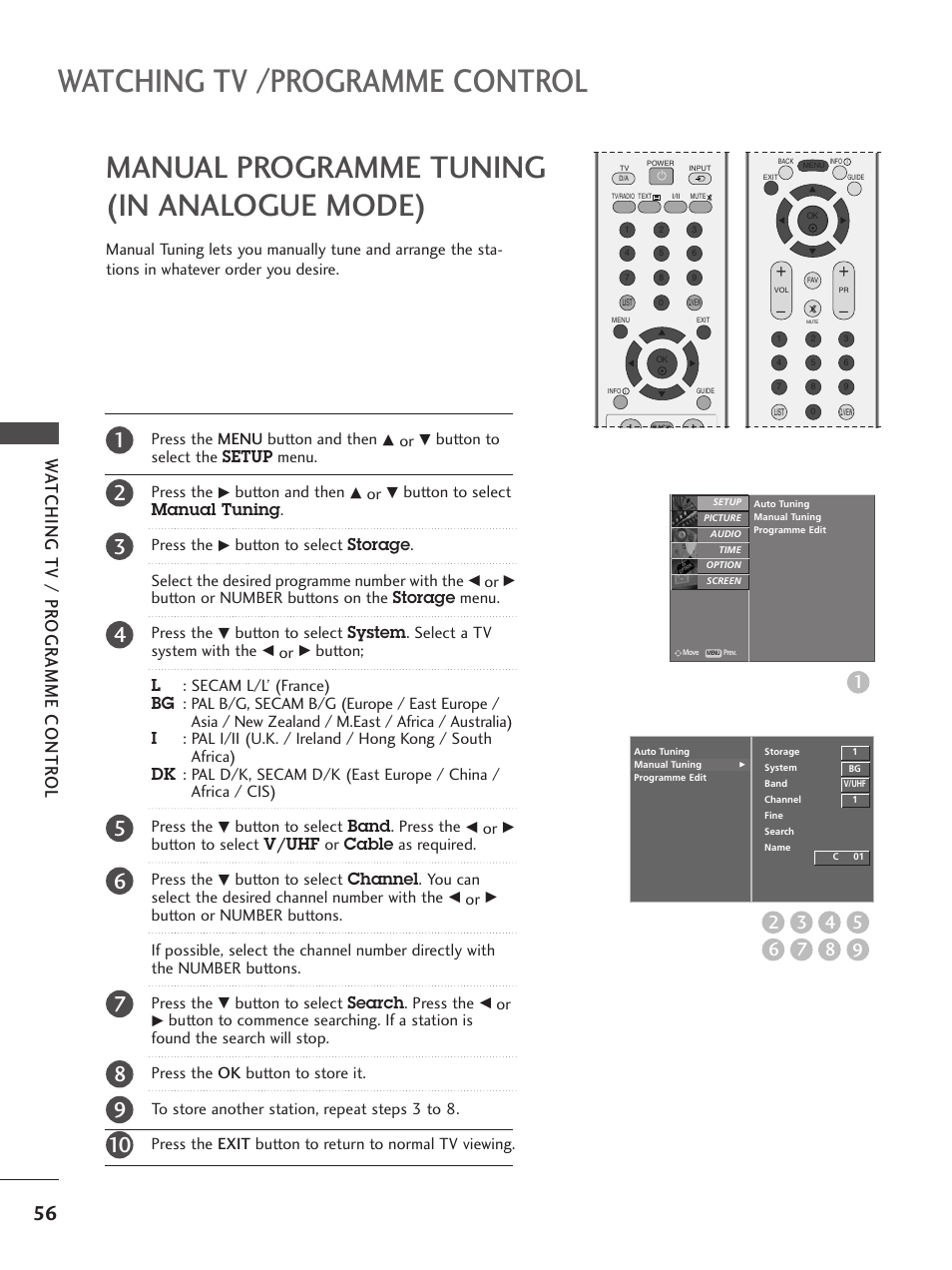 Manual programme tuning(in analogue mode), Watching tv /programme control, Manual programme tuning (in analogue mode) | Wa tching tv / pr ogr amme contr ol | LG 26LC5 User Manual | Page 58 / 120