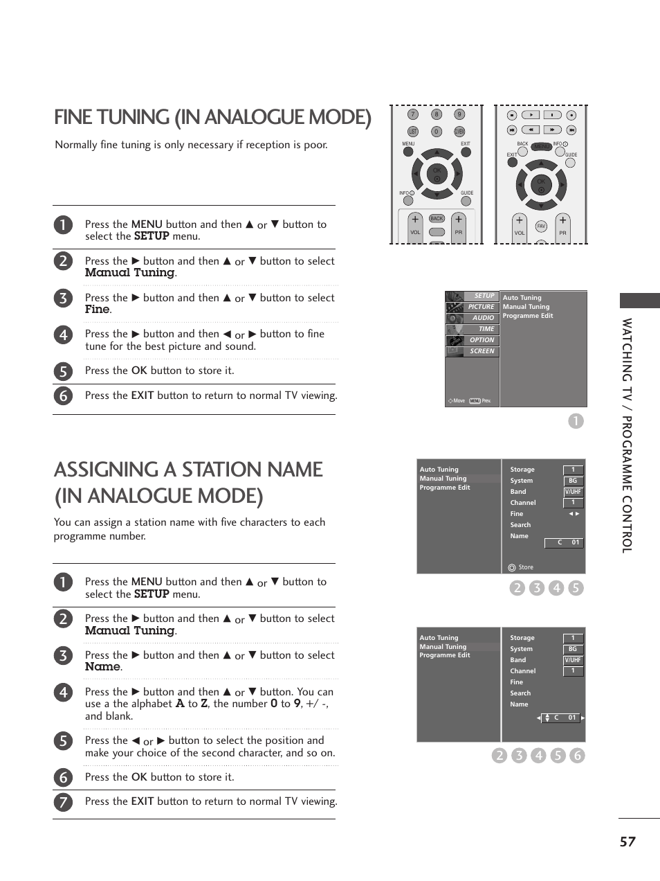 Fine tuning (in analogue mode), Assigning a station name(in analogue mode), Wa tching tv / pr ogr amme contr ol | LG 26LC5 User Manual | Page 59 / 120