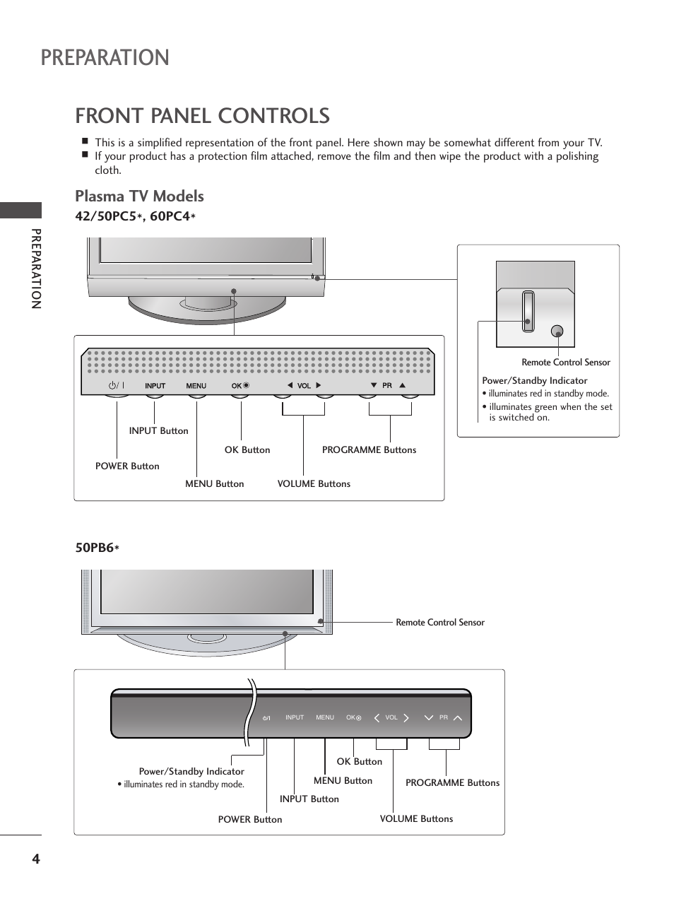 Preparation, Front panel controls, Plasma tv models | Prep ar a tion, 50pb6 | LG 26LC5 User Manual | Page 6 / 120