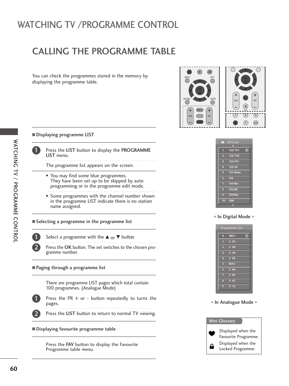Calling the programme table, Watching tv /programme control, Wa tching tv / pr ogr amme contr ol | Displaying favourite programme table press the | LG 26LC5 User Manual | Page 62 / 120