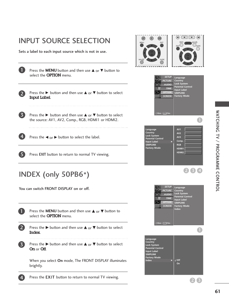 Input source selection, Index, Index (only 50pb6*) | Wa tching tv / pr ogr amme contr ol | LG 26LC5 User Manual | Page 63 / 120