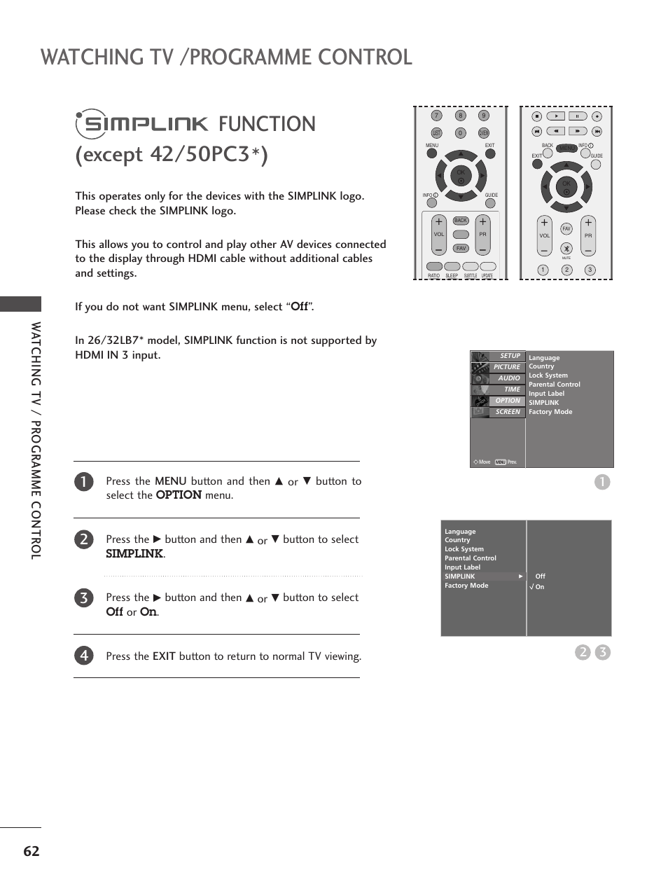 Simplink function, Watching tv /programme control, Wa tching tv / pr ogr amme contr ol 3 2 | Press the menu button and then, Button to select the option menu. press the, Button and then, Button to select simplink . press the | LG 26LC5 User Manual | Page 64 / 120