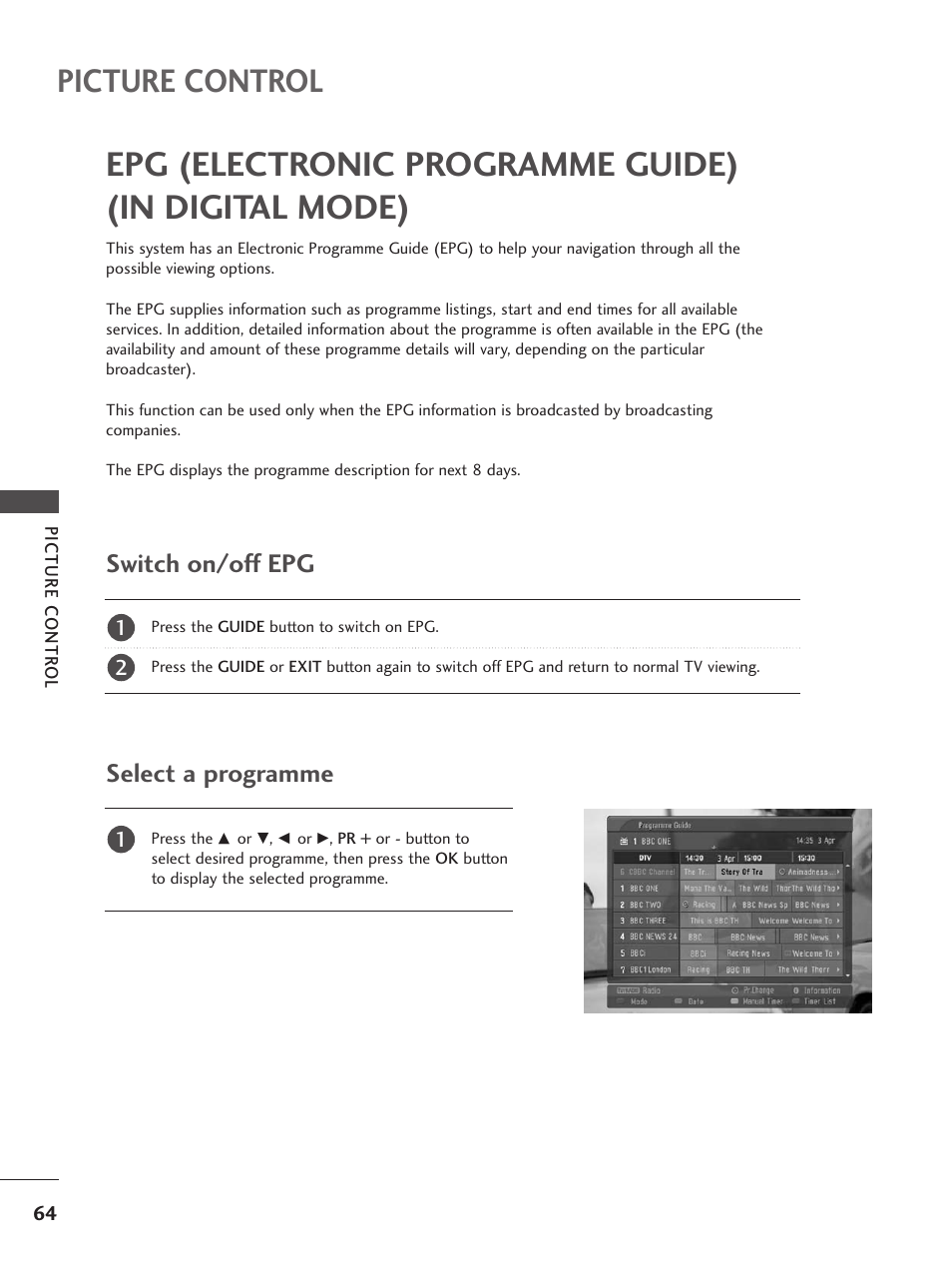 Picture control, Epg (electronic programme guide)(in digital mode), Switch on/off epg | Select a programme, Epg (electronic programme guide) (in digital mode), Switch on/off epg select a programme | LG 26LC5 User Manual | Page 66 / 120