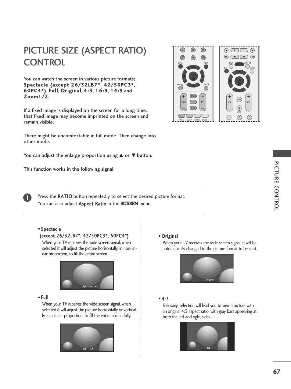Picture size (aspect ratio)control, Picture size (aspect ratio) control, Picture contr ol | LG 26LC5 User Manual | Page 69 / 120