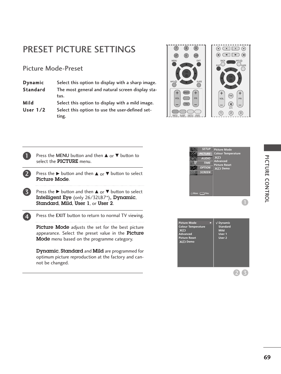Preset picture settings, Picture mode-preset, Picture contr ol 3 2 | Press the menu button and then, Button to select the picture menu. press the, Button and then, Button to select picture mode . press the | LG 26LC5 User Manual | Page 71 / 120