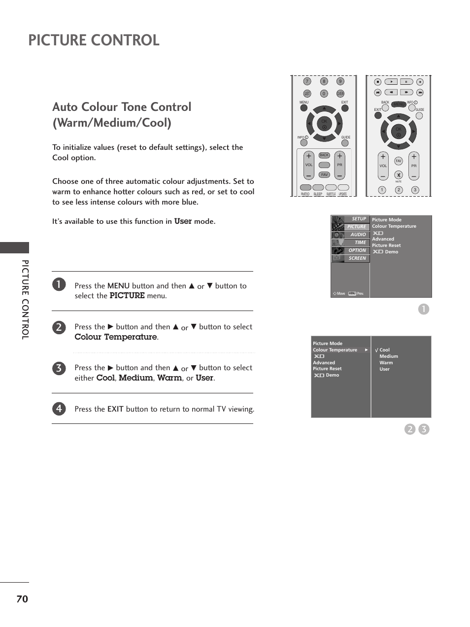 Auto colour tone control(warm/medium/cool), Picture control, Auto colour tone control (warm/medium/cool) | Picture contr ol, Press the menu button and then, Button to select the picture menu. press the, Button and then, Button to select colour temperature . press the | LG 26LC5 User Manual | Page 72 / 120