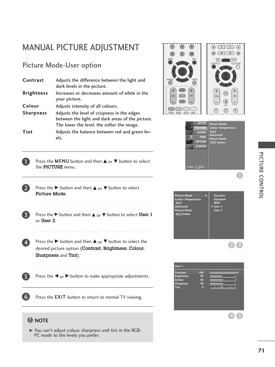 Manual picture adjustment, Picture mode-user option, Picture contr ol | LG 26LC5 User Manual | Page 73 / 120
