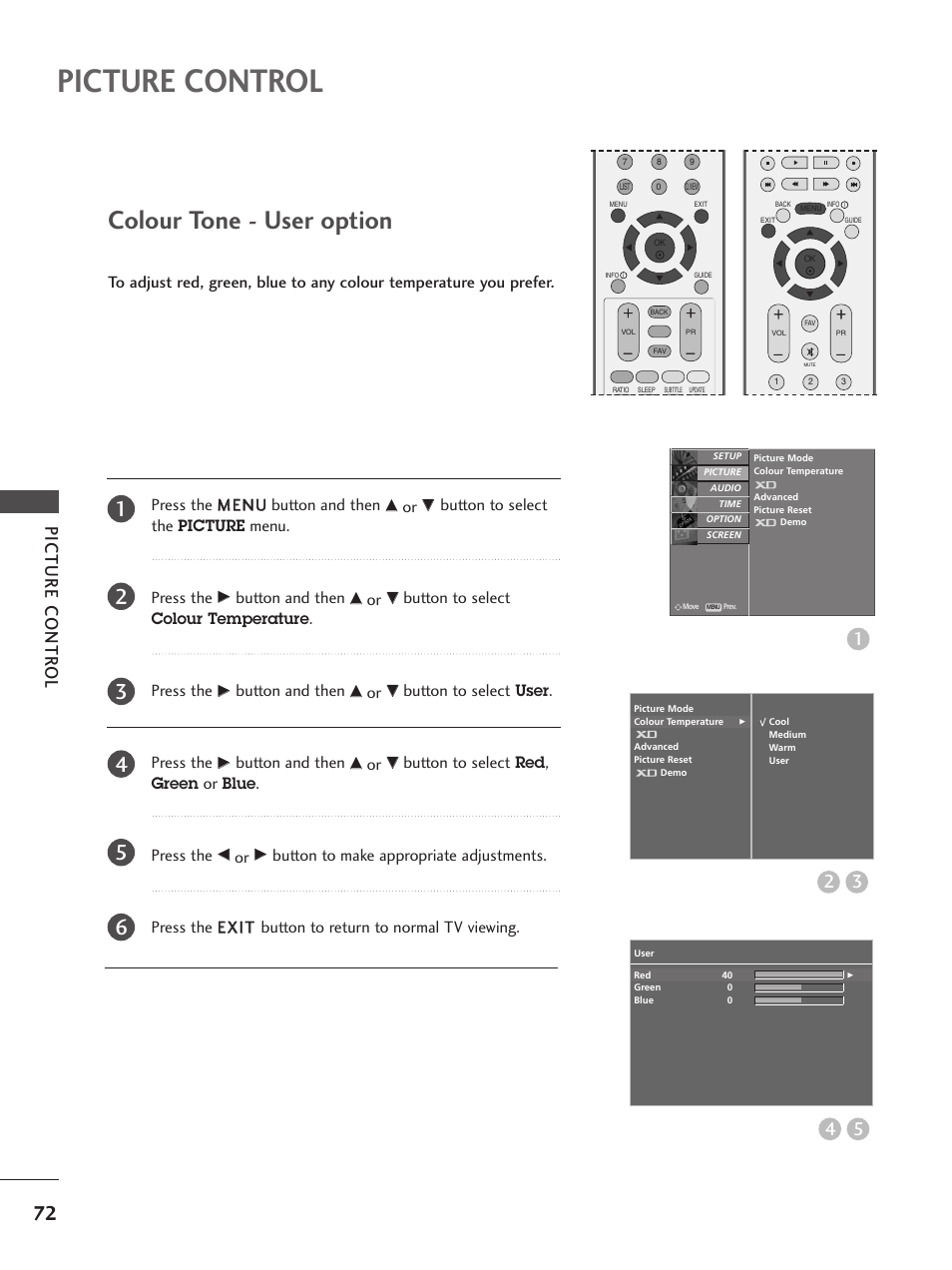 Colour tone - user option, Picture control, Picture contr ol | Button to select the picture menu. press the, Button and then, Button to select colour temperature . press the, Button to select user. press the, Button to select red, green or blue. press the | LG 26LC5 User Manual | Page 74 / 120