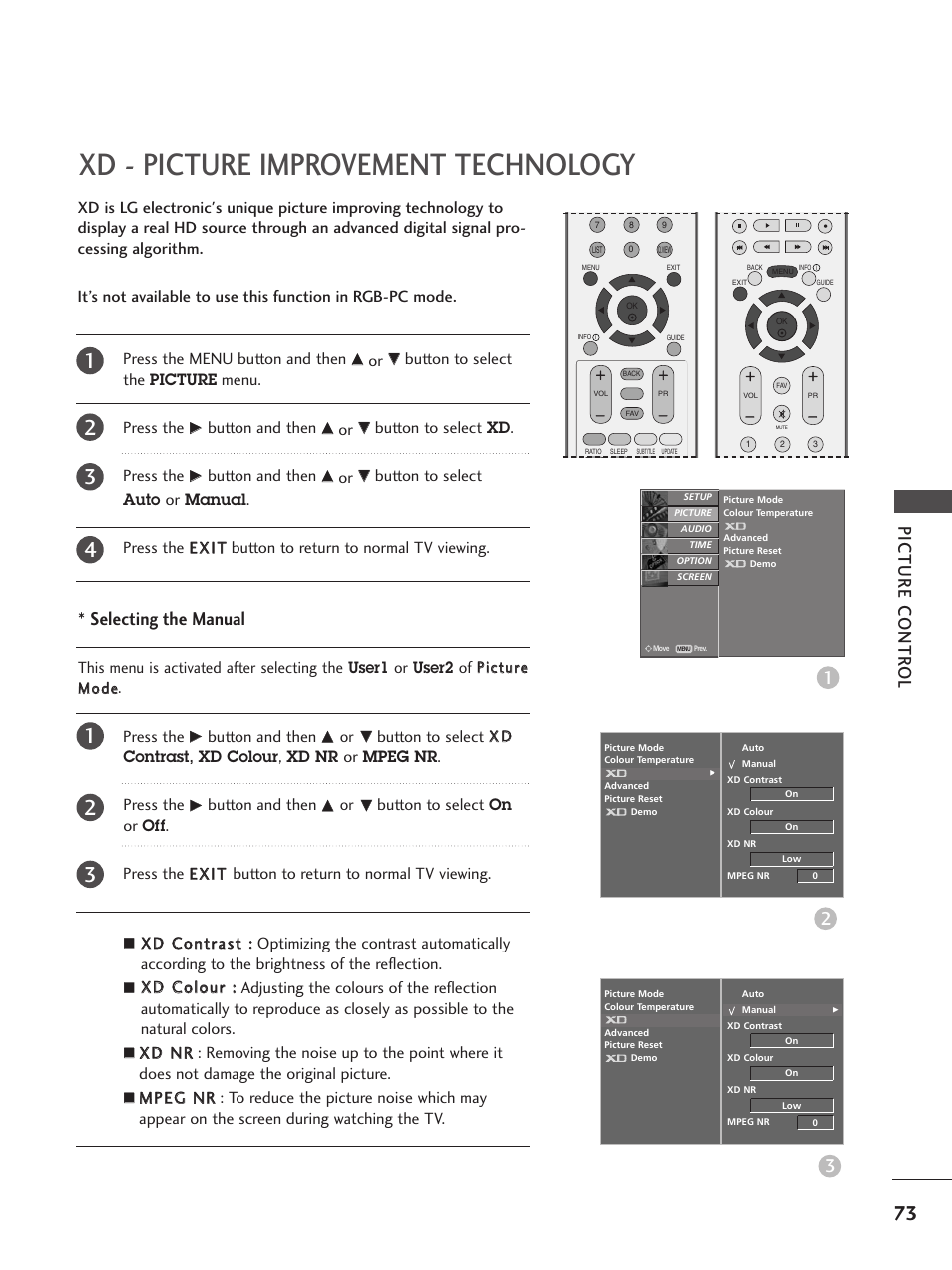 Xd - picture improvement technology, Picture contr ol 3, Selecting the manual | LG 26LC5 User Manual | Page 75 / 120