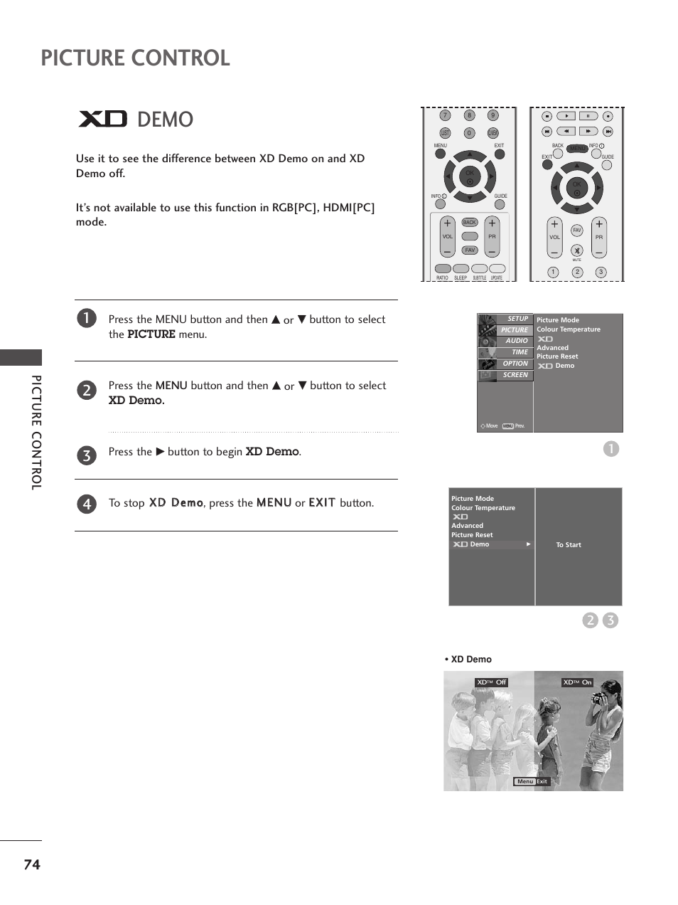 Xd demo, Picture control, Demo | Picture contr ol, Button to select xd demo. press the | LG 26LC5 User Manual | Page 76 / 120