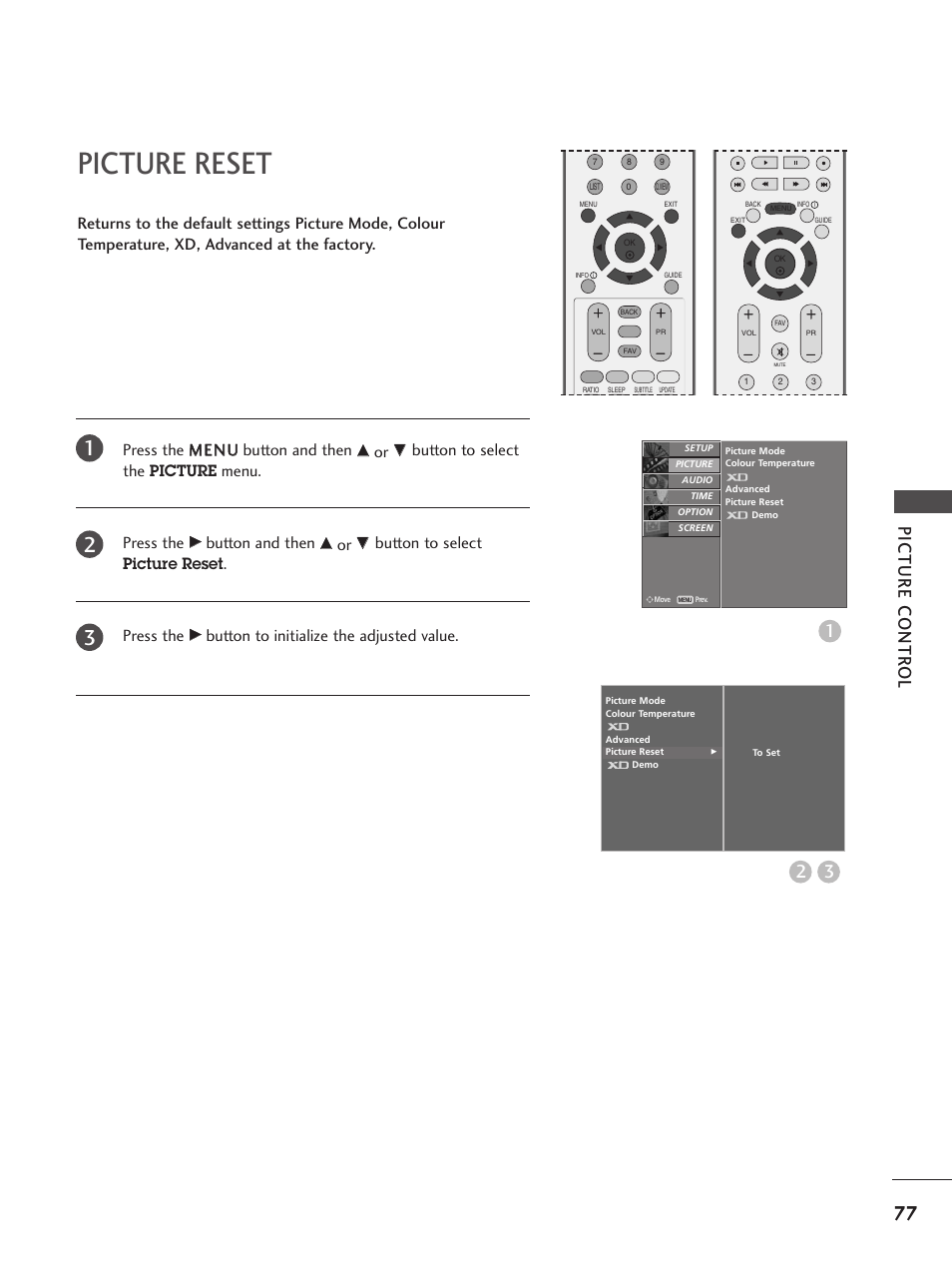 Picture reset, Picture contr ol, Button to select the picture menu. press the | Button and then, Button to select picture reset . press the | LG 26LC5 User Manual | Page 79 / 120