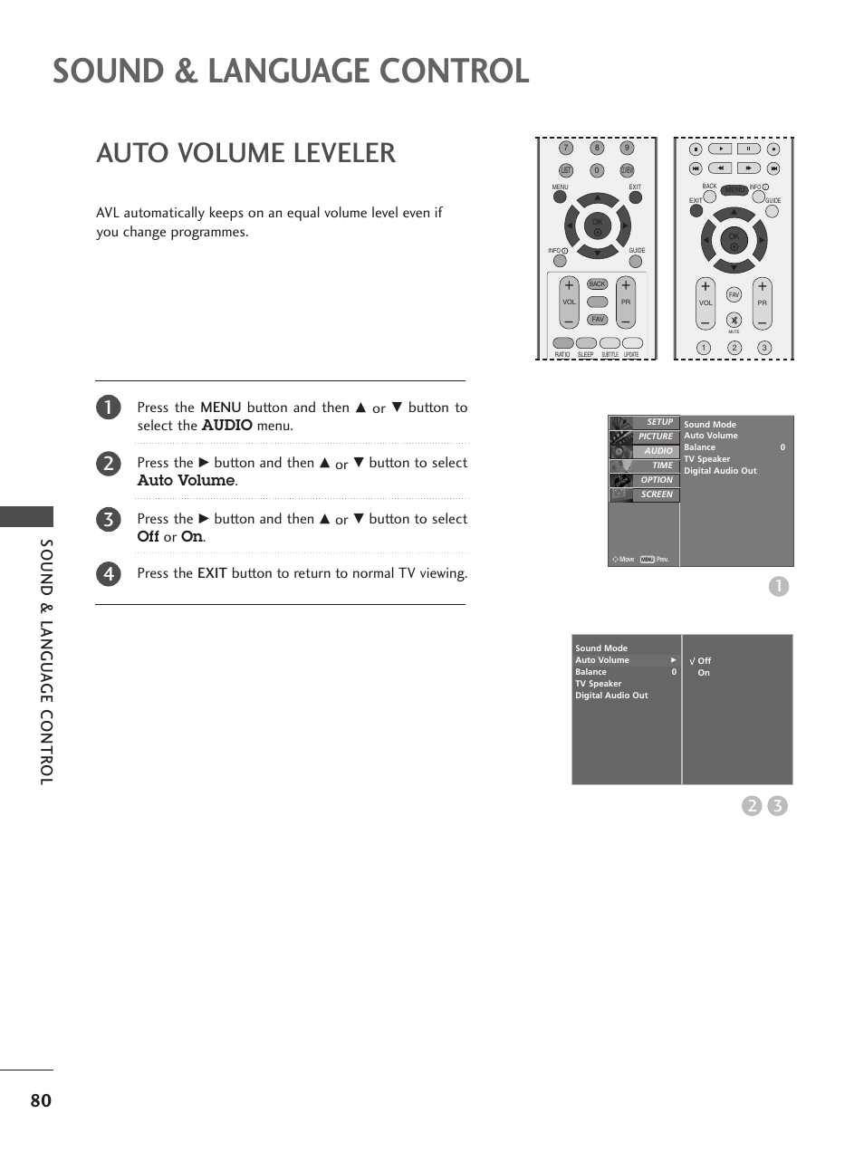 Sound & language control, Auto volume leveler, Sound & langu a ge contr ol | Button to select the audio menu. press the, Button and then, Button to select auto volume . press the | LG 26LC5 User Manual | Page 82 / 120