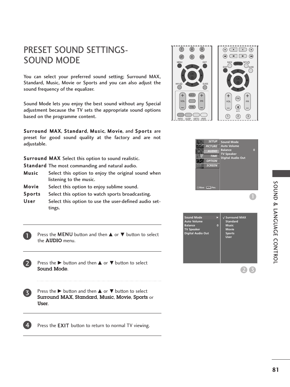 Preset sound settingssoundmode, Preset sound settings- sound mode, Sound & langu a ge contr ol | LG 26LC5 User Manual | Page 83 / 120