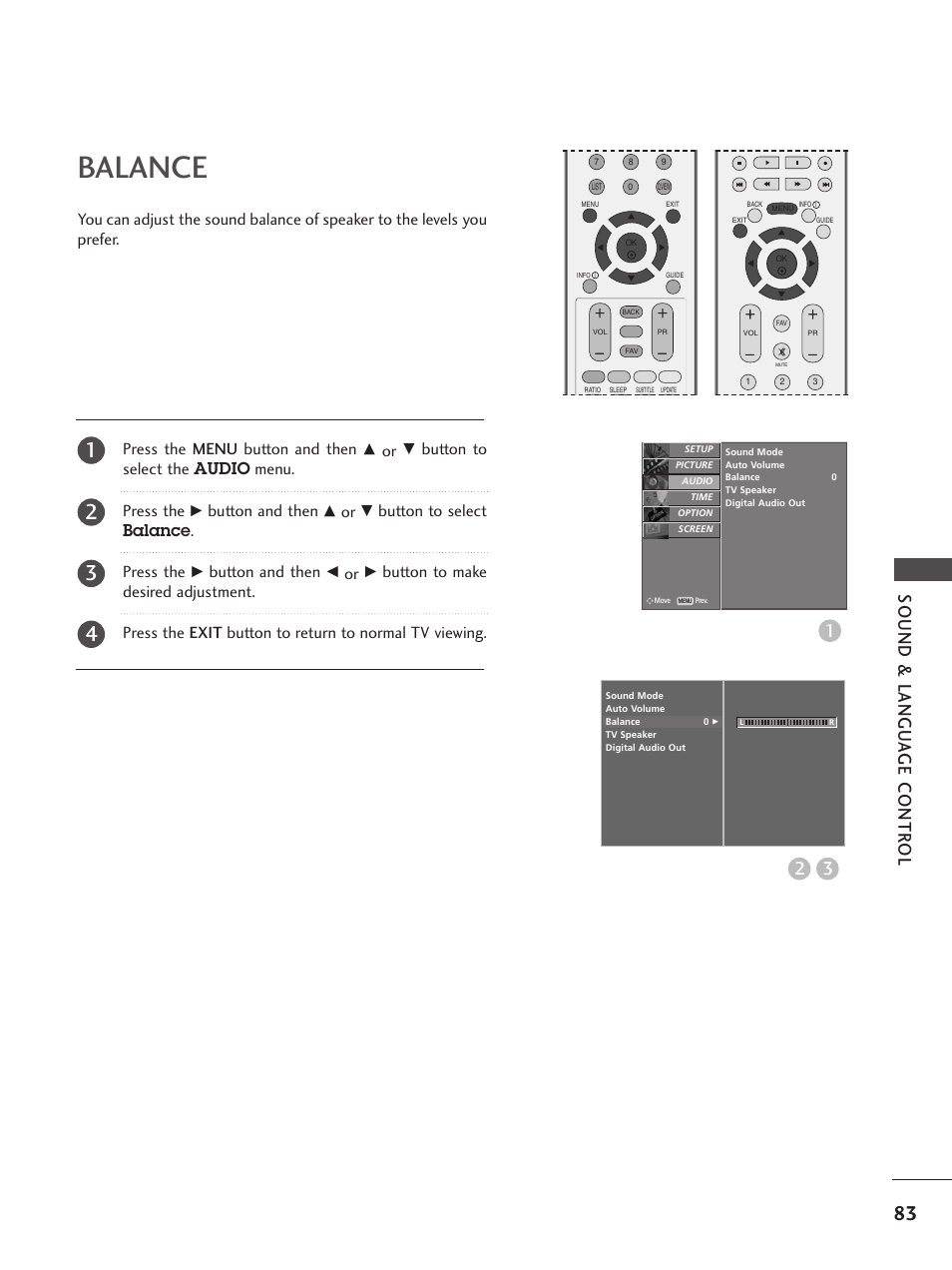 Balance, Sound & langu a ge contr ol 3 2, Press the menu button and then | Button to select the audio menu. press the, Button and then, Button to select balance . press the | LG 26LC5 User Manual | Page 85 / 120