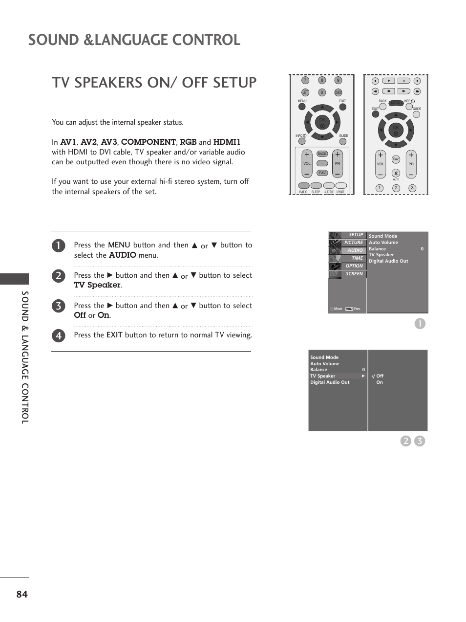 Tv speakers on/ off setup, Sound &language control, Sound & langu a ge contr ol | Press the menu button and then, Button to select the audio menu. press the, Button and then, Button to select, Press the | LG 26LC5 User Manual | Page 86 / 120