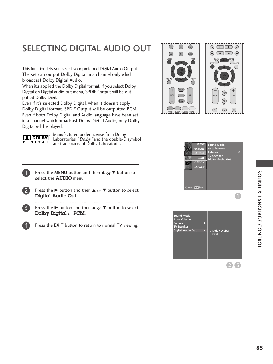 Selecting digital audio out, Sound & langu a ge contr ol 3 2, Dolby | Press the menu button and then, Button to select the audio menu. press the, Button and then, Button to select digital audio out . press the, Button to select dolby digital or pcm, Manufactured under license from dolby laboratories | LG 26LC5 User Manual | Page 87 / 120