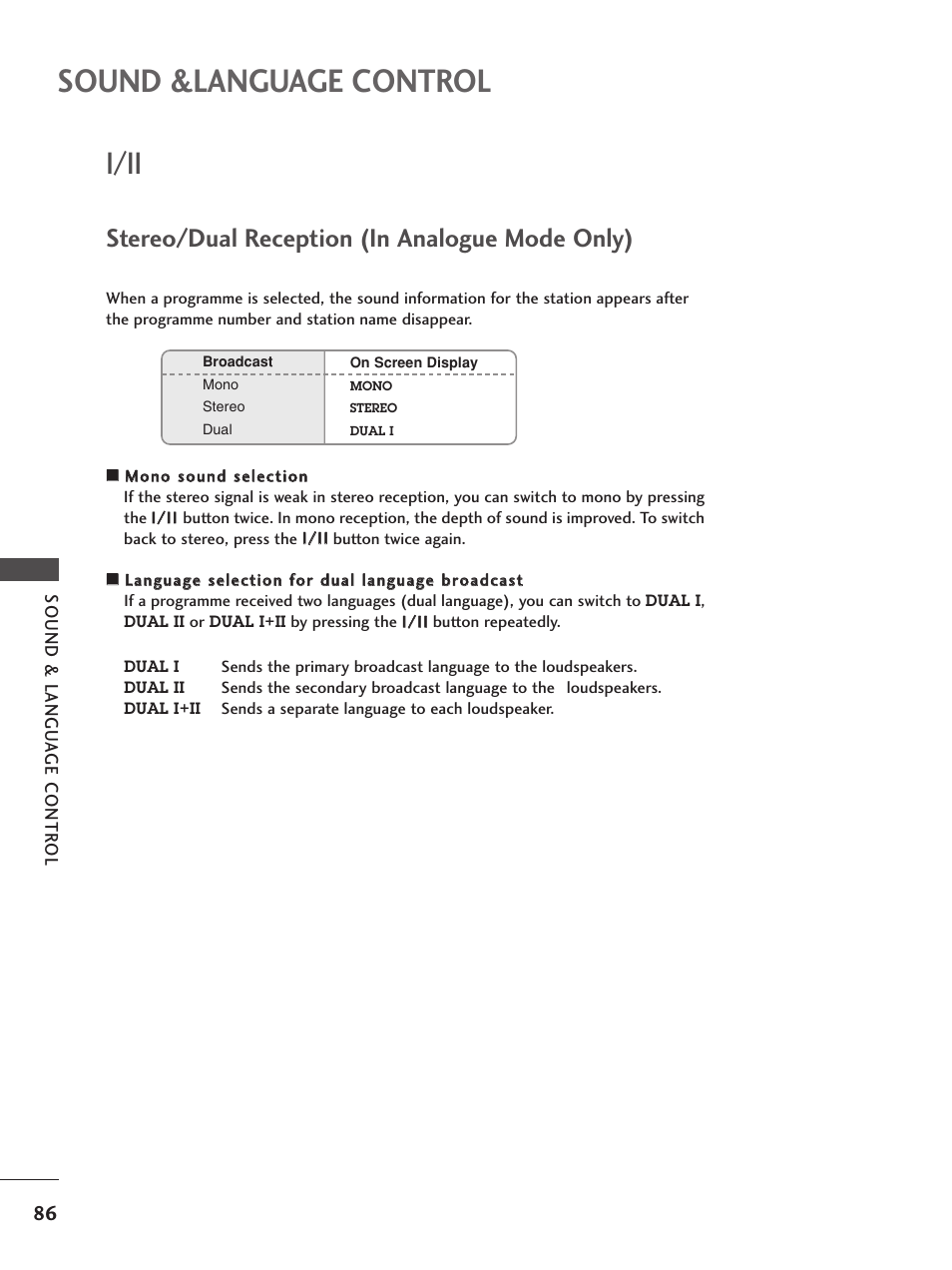 I/ii, Stereo/dual reception (in analogue mode only), Sound &language control | LG 26LC5 User Manual | Page 88 / 120