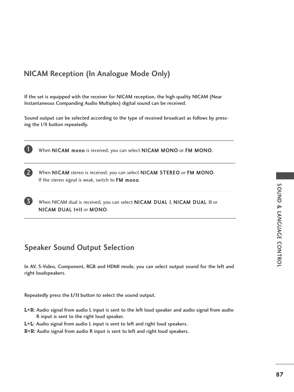 Nicam reception (in analogue mode only), Speaker sound output selection | LG 26LC5 User Manual | Page 89 / 120