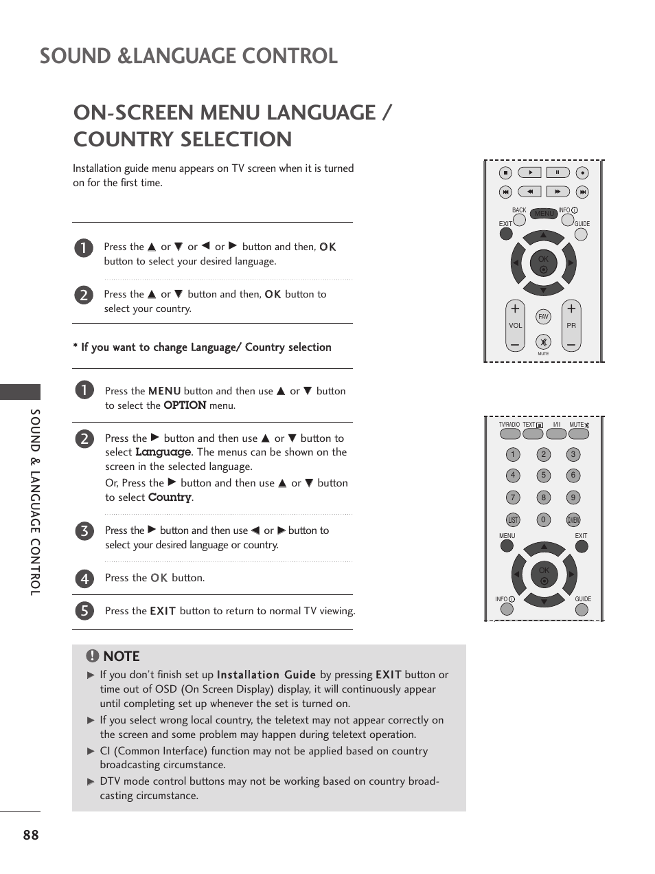 On-screen menu language /country selection, Sound &language control, On-screen menu language / country selection | Sound & langu a ge contr ol | LG 26LC5 User Manual | Page 90 / 120