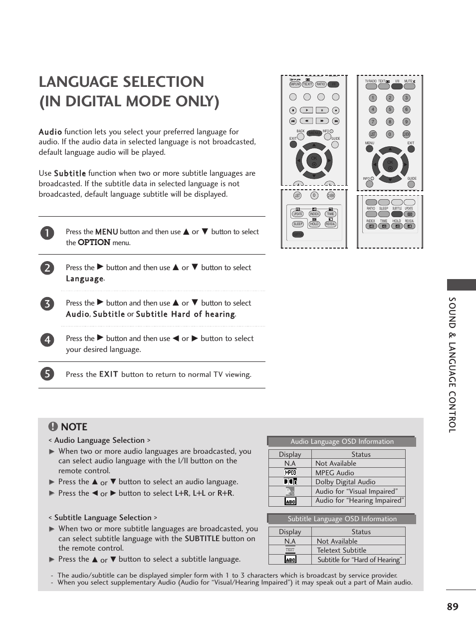 Language selection(in digital mode only), Language selection (in digital mode only), Sound & langu a ge contr ol | LG 26LC5 User Manual | Page 91 / 120