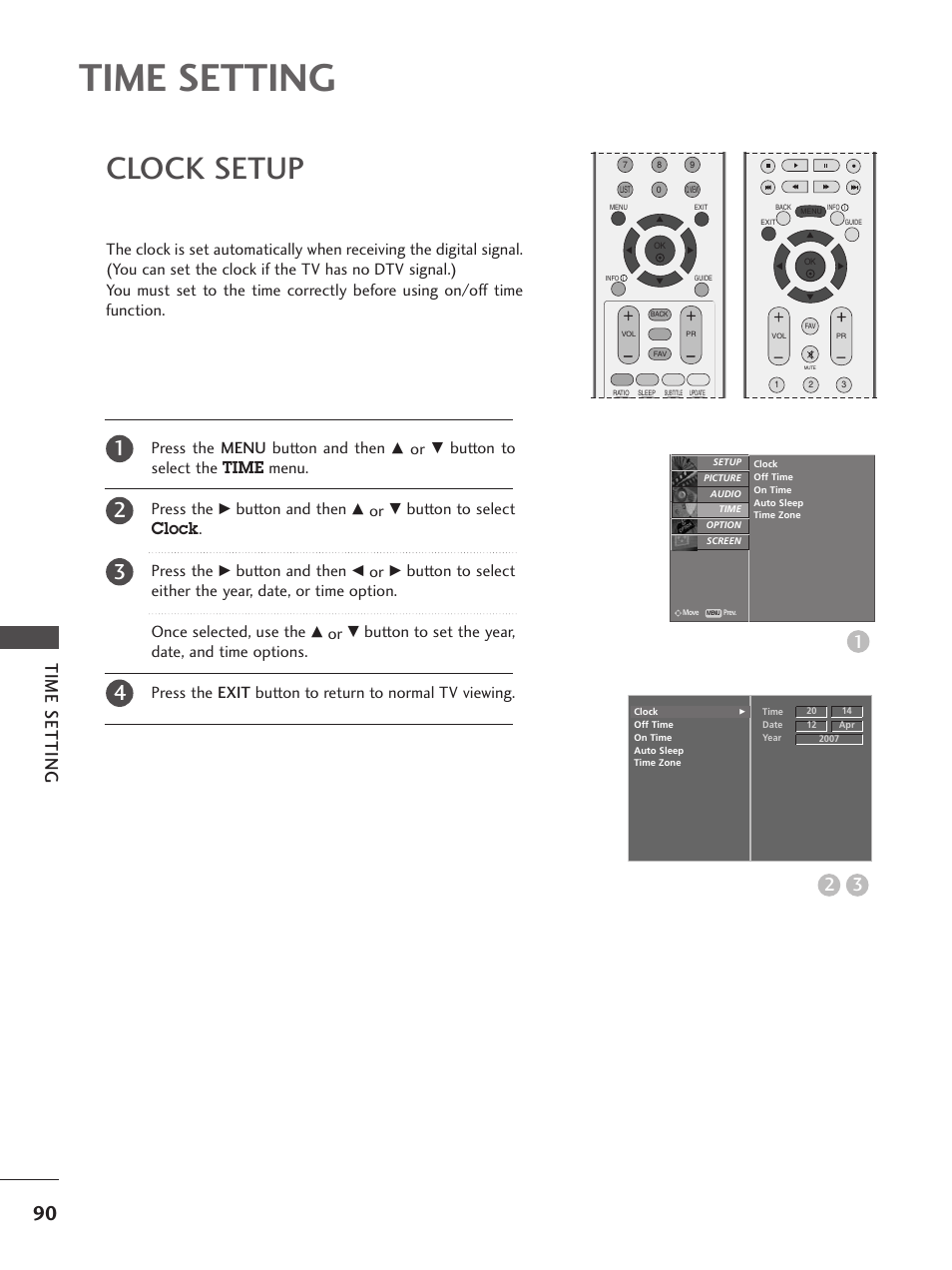Time setting, Clock setup, Press the menu button and then | Button to select the time menu. press the, Button and then, Button to select clock . press the | LG 26LC5 User Manual | Page 92 / 120