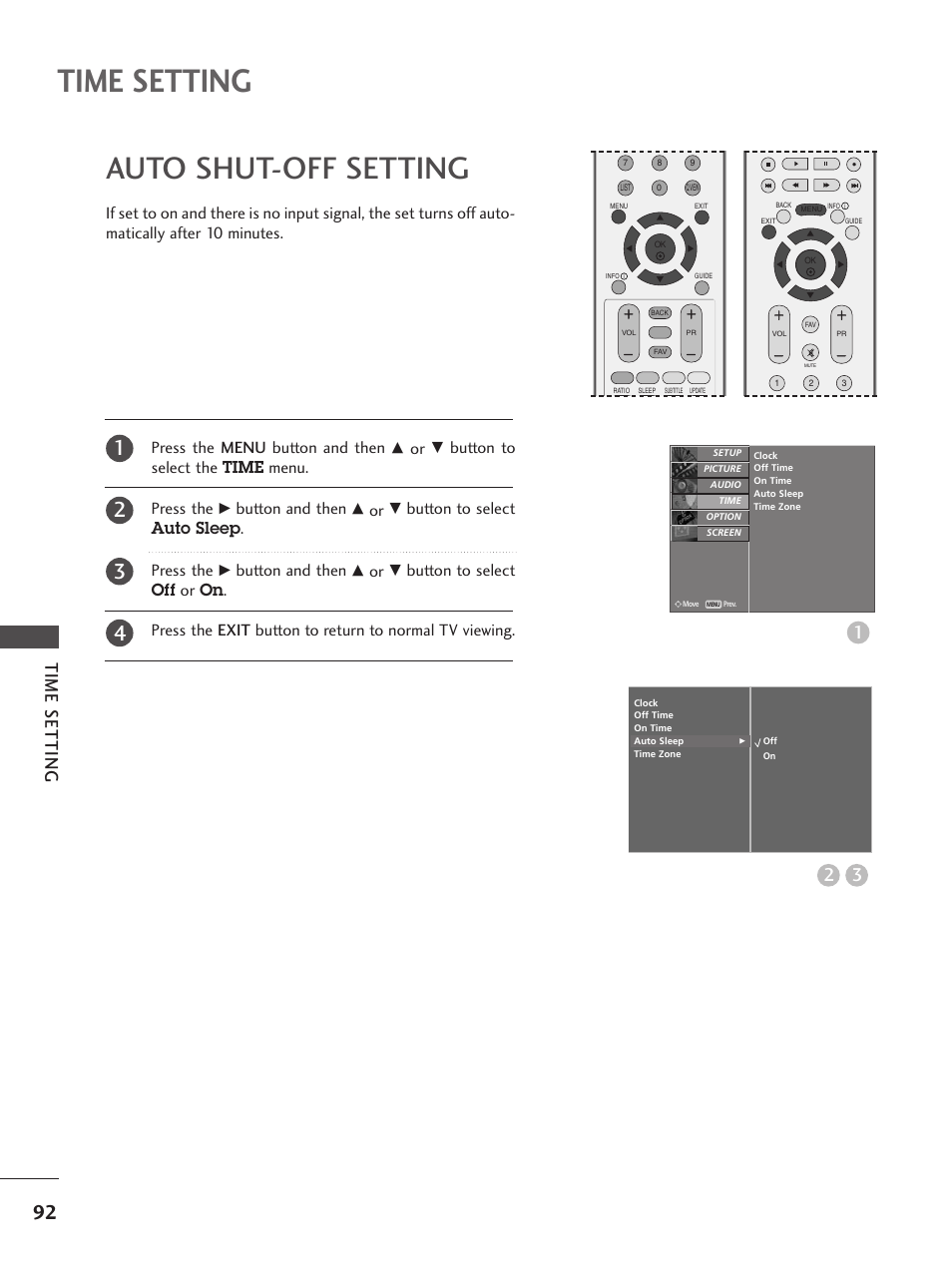 Auto shut-off setting, Time setting, 32 time setting | Button to select the time menu. press the, Button and then, Button to select auto sleep . press the | LG 26LC5 User Manual | Page 94 / 120