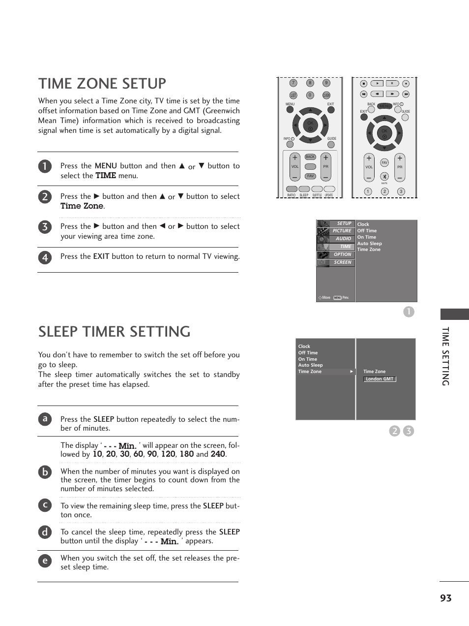Time zone setup, Sleep timer setting, Ab c d e | Time setting 3 2, Button to select the time menu. press the, Button and then, Button to select time zone . press the | LG 26LC5 User Manual | Page 95 / 120