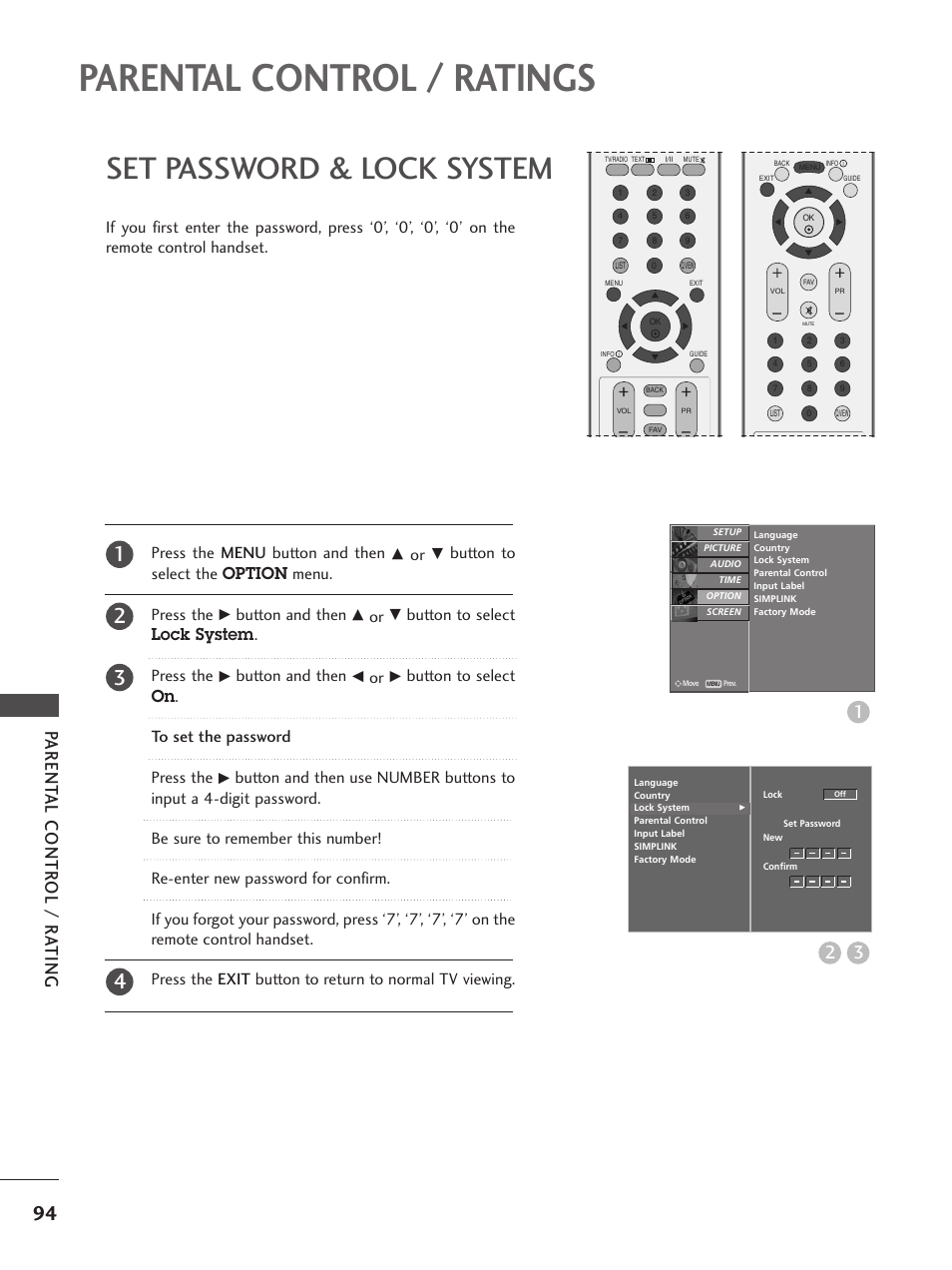 Parental control / ratings, Set password & lock system, 32 parent al contr ol / r a ting | Press the menu button and then, Button to select the option menu. press the, Button and then, Button to select lock system . press the | LG 26LC5 User Manual | Page 96 / 120