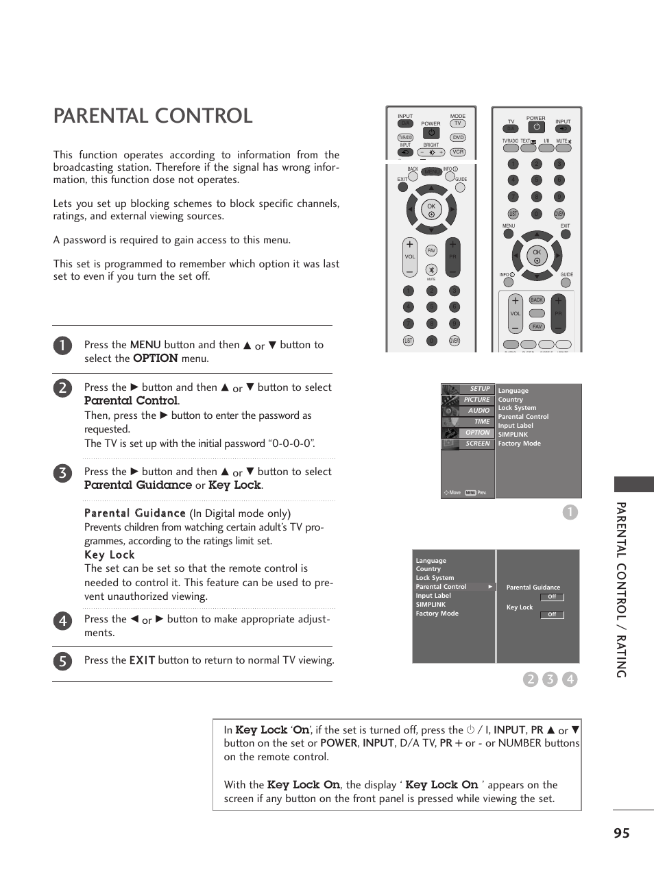 Parental control, Parent al contr ol / r a ting 3 4 2, Button to select the option menu. press the | Button and then, The display | LG 26LC5 User Manual | Page 97 / 120