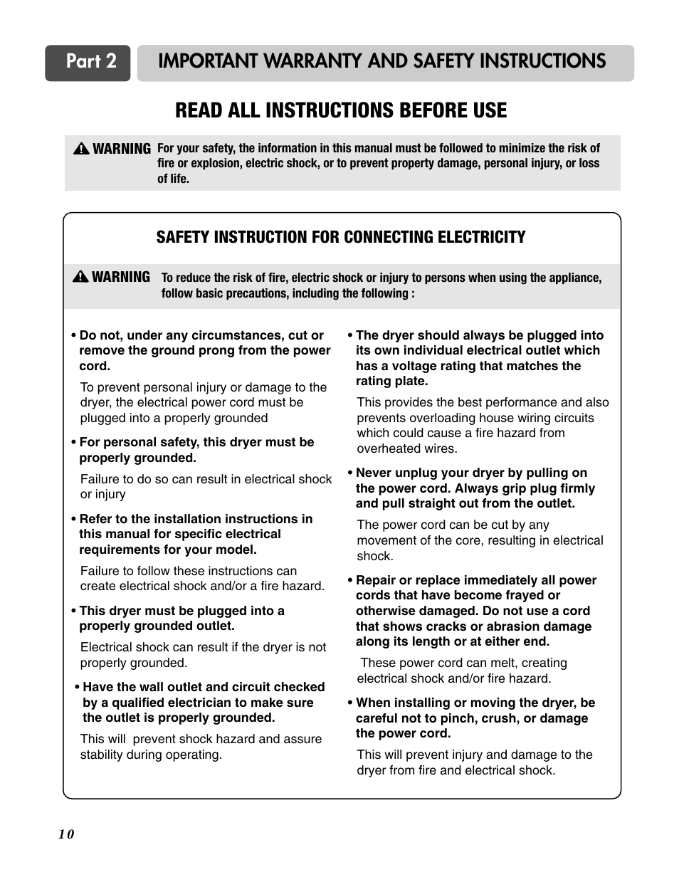 Read all instructions before use, Part 2, Important warranty and safety instructions | Safety instruction for connecting electricity | LG D3744W User Manual | Page 10 / 72