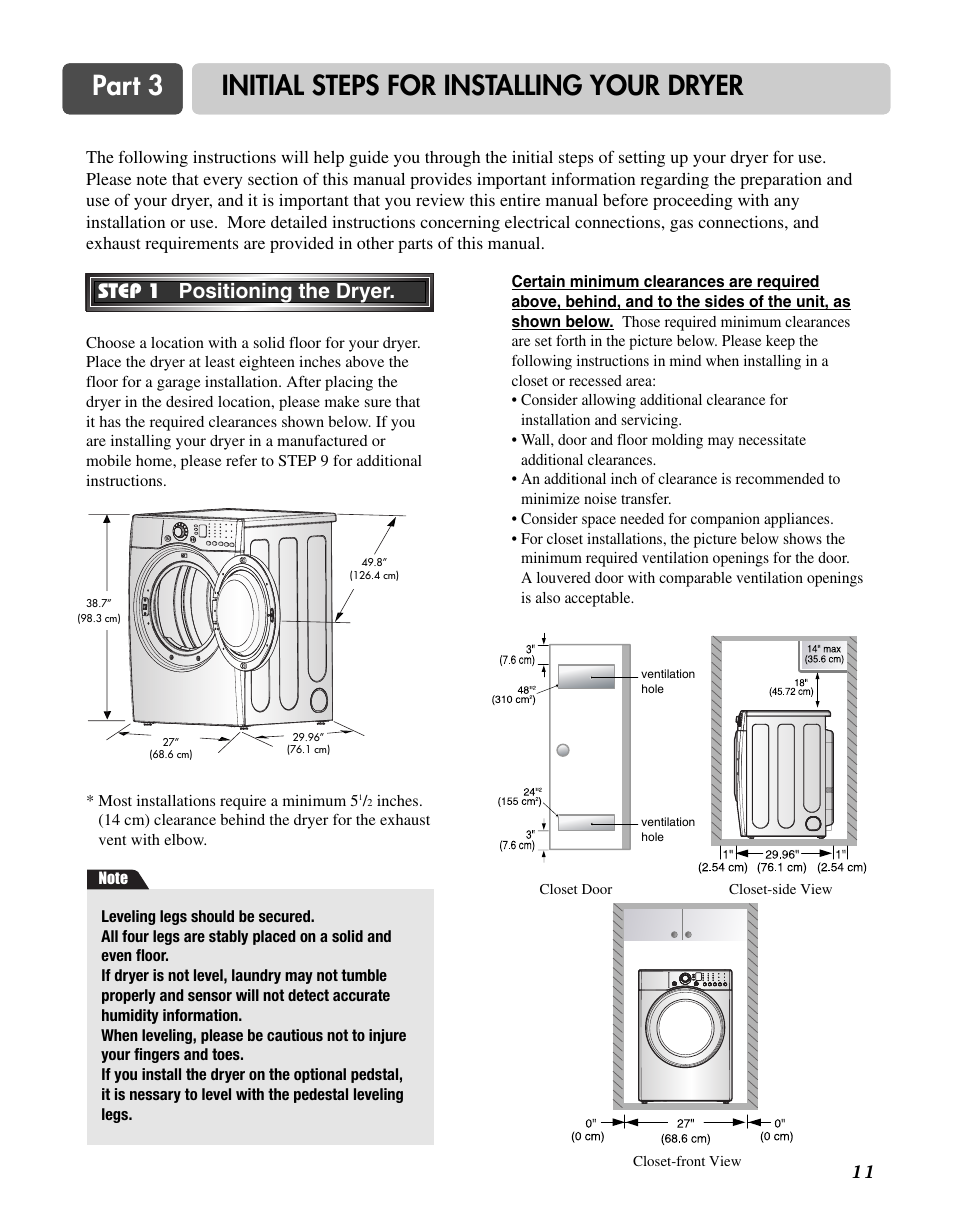 Part 3 initial steps for installing your dryer, Step 1 positioning the dryer | LG D3744W User Manual | Page 11 / 72