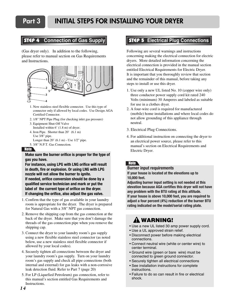 Part 3 initial steps for installing your dryer, Warning, Step 4 connection of gas supply | Step 5 electrical plug connections | LG D3744W User Manual | Page 14 / 72