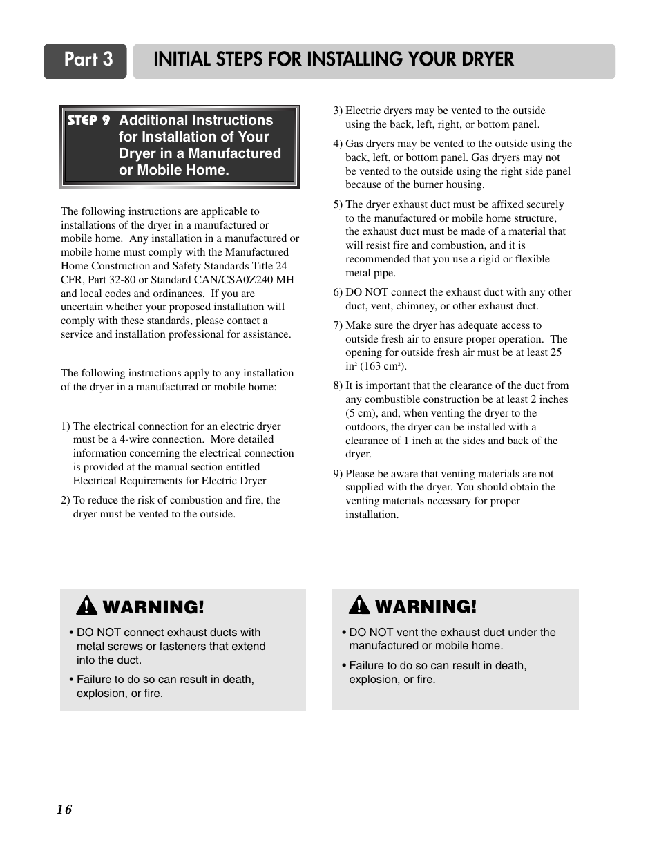 Part 3 initial steps for installing your dryer, Warning | LG D3744W User Manual | Page 16 / 72