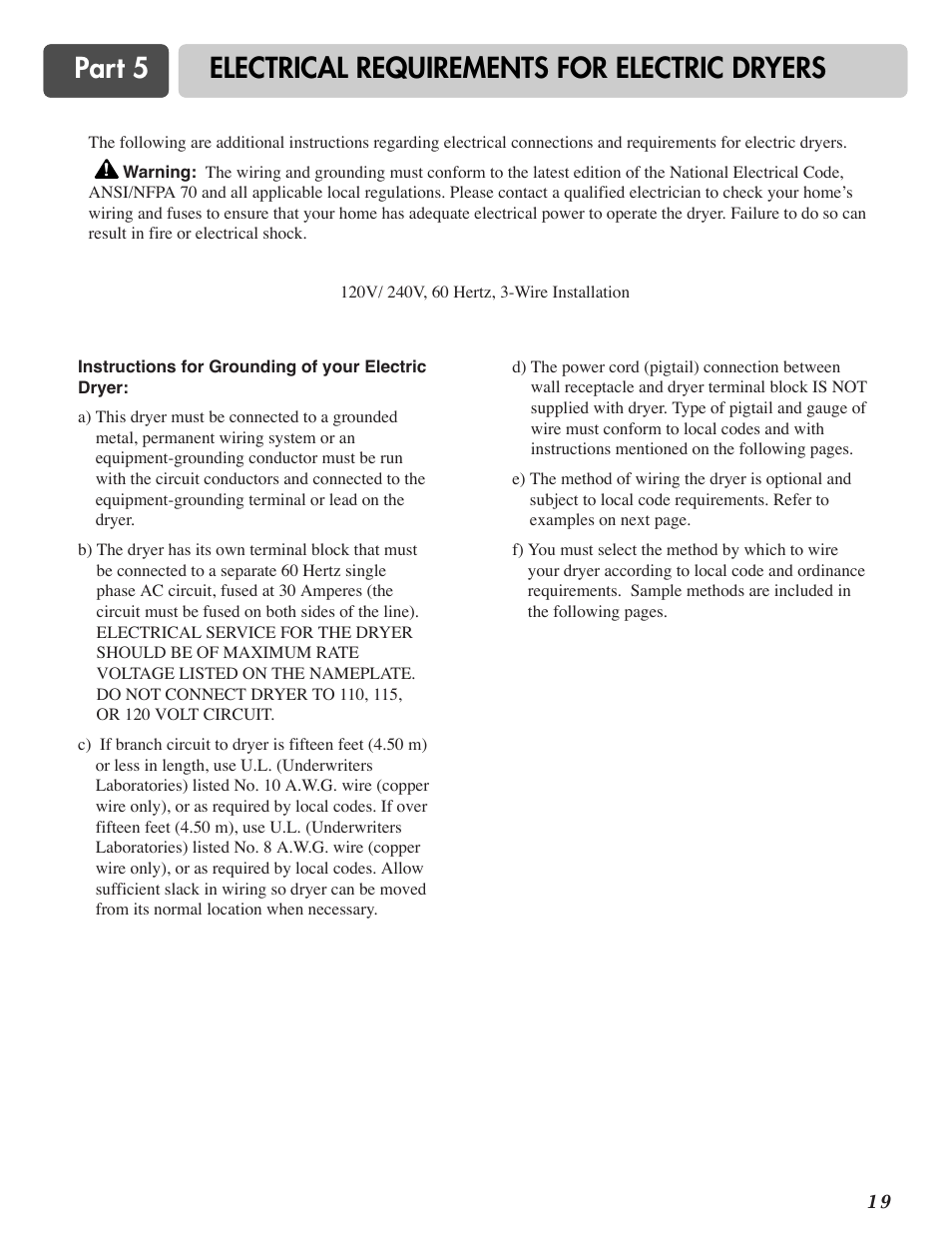 Part 5 electrical requirements for electric dryers | LG D3744W User Manual | Page 19 / 72