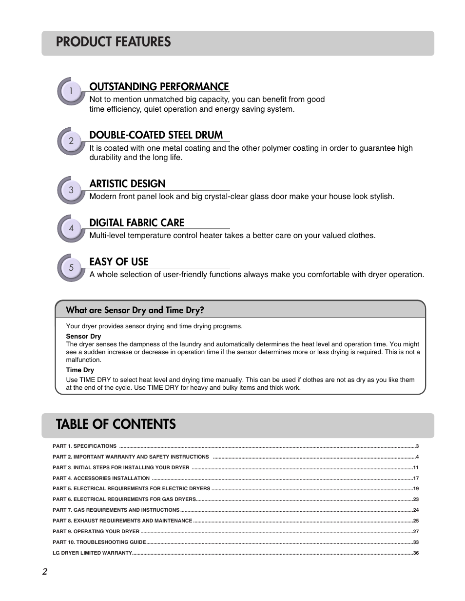 Product features table of contents, Outstanding performance, Double-coated steel drum | Artistic design, Digital fabric care, Easy of use | LG D3744W User Manual | Page 2 / 72