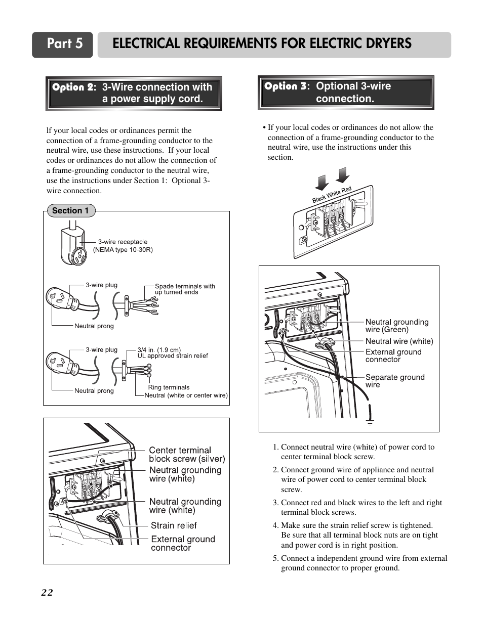 Part 5 electrical requirements for electric dryers | LG D3744W User Manual | Page 22 / 72