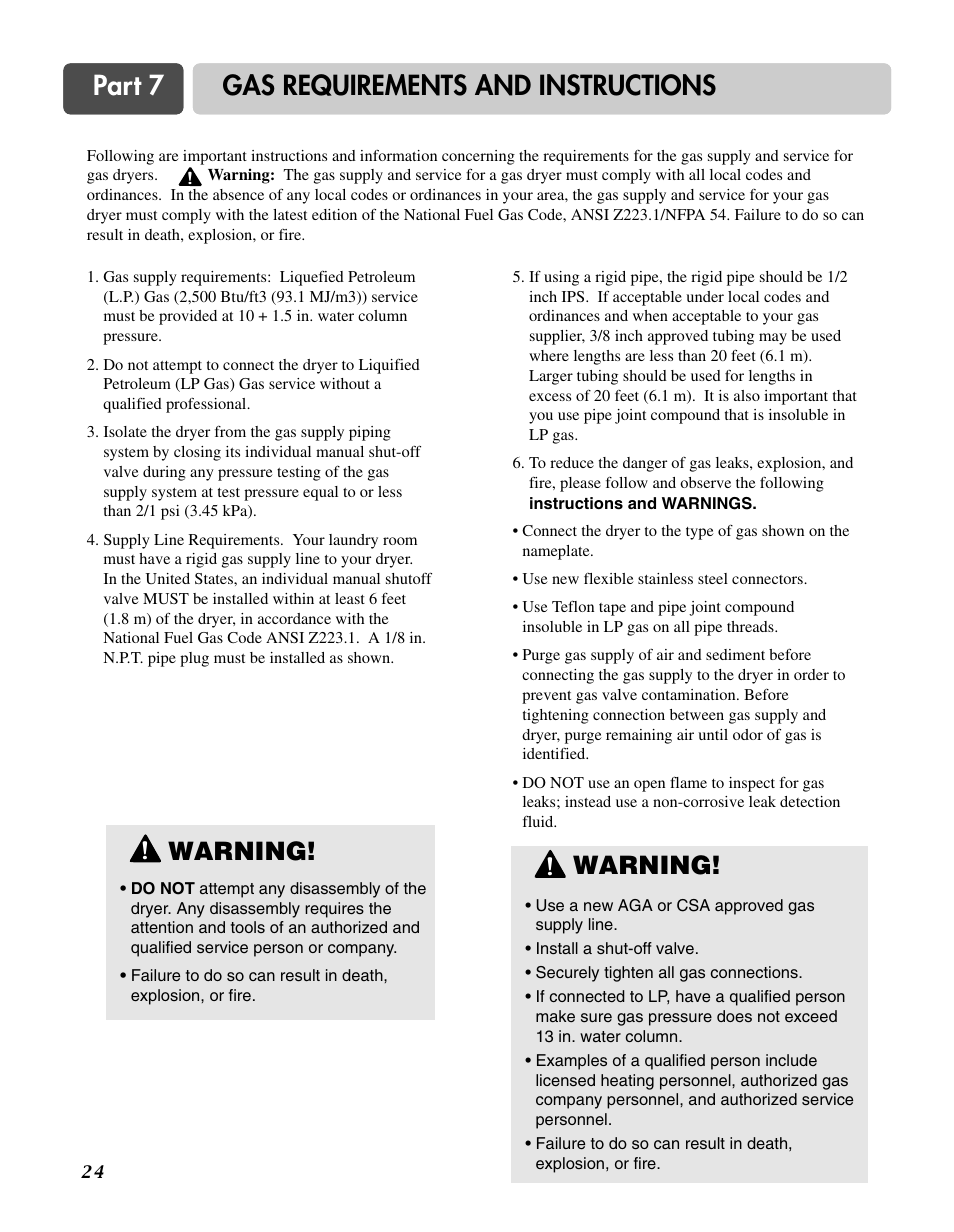 Part 7 gas requirements and instructions, Warning | LG D3744W User Manual | Page 24 / 72