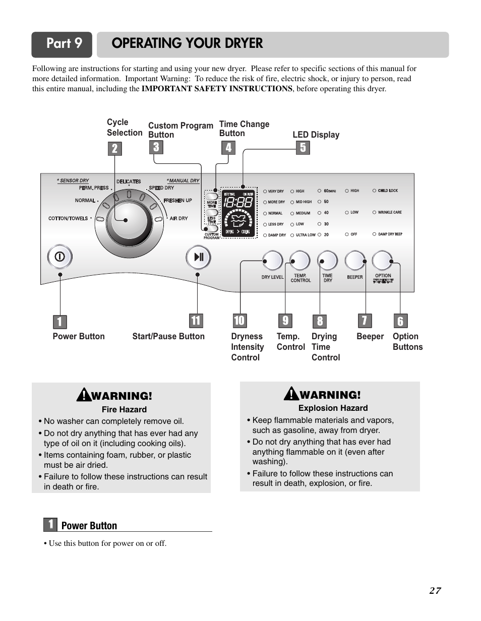 Part 9 operating your dryer | LG D3744W User Manual | Page 27 / 72