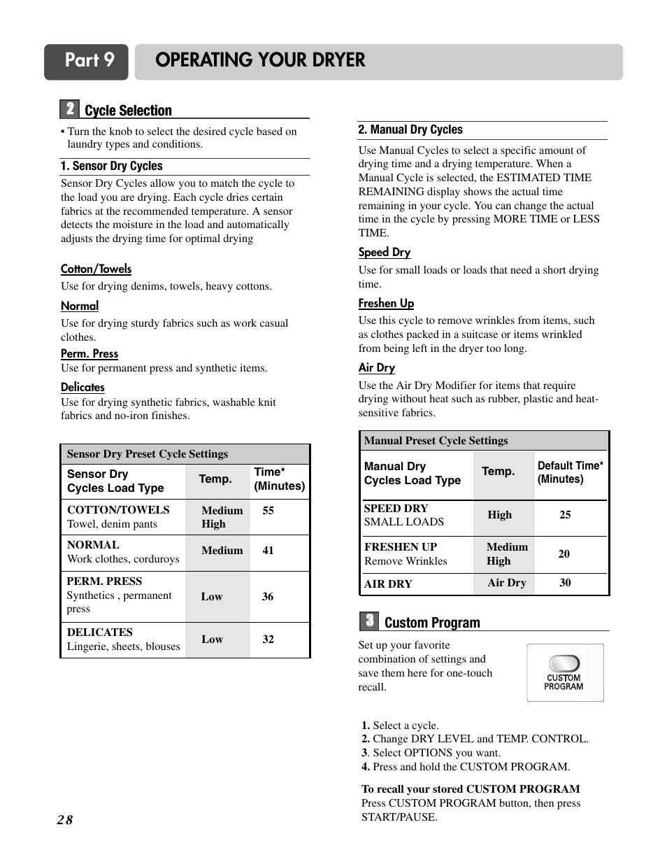 Part 9 operating your dryer | LG D3744W User Manual | Page 28 / 72