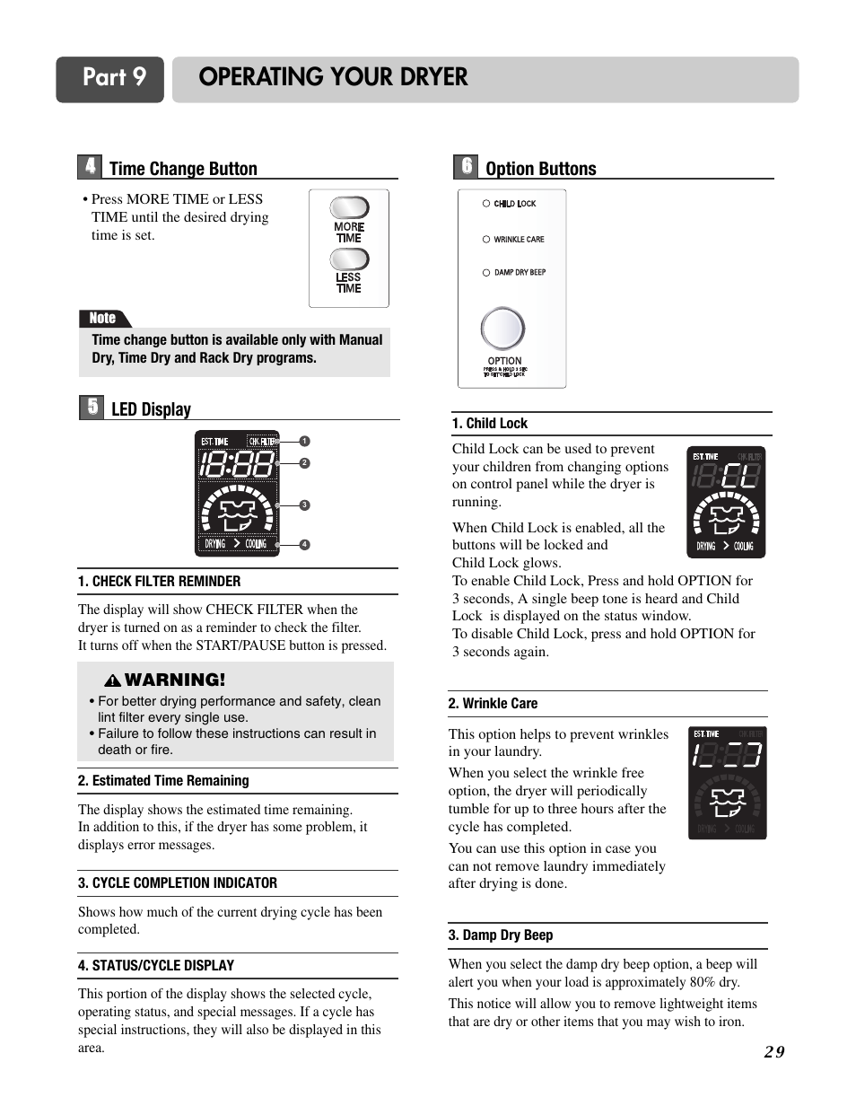 Part 9 operating your dryer, 4time change button, 5led display 6 6 option buttons | LG D3744W User Manual | Page 29 / 72