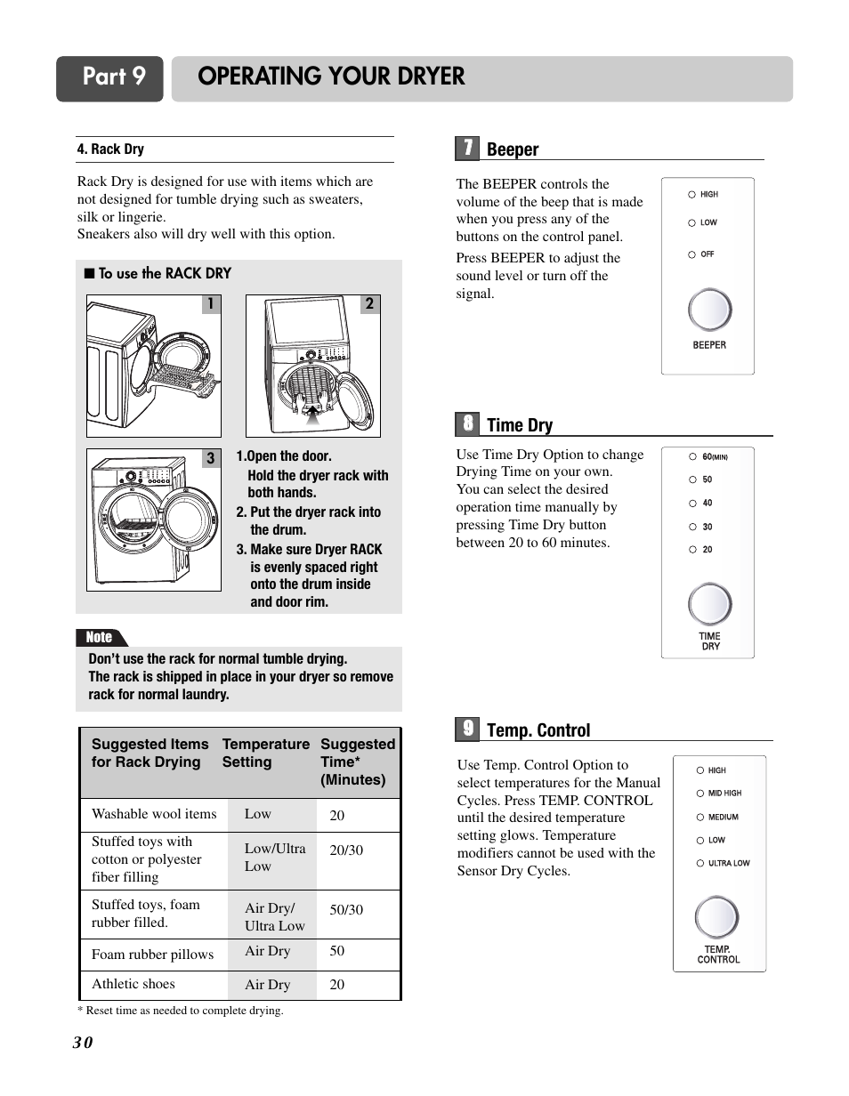 Part 9 operating your dryer | LG D3744W User Manual | Page 30 / 72